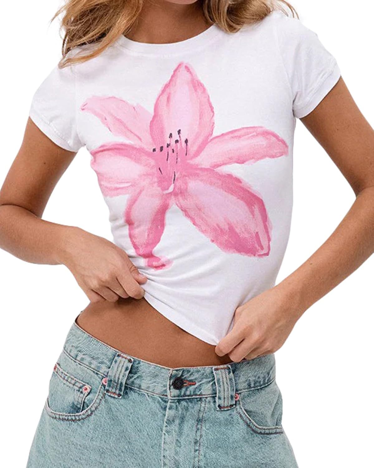 Women Y2K Short Sleeve Flower Graphic Baby Tee Shirt Vintage Aesthetic Floral Print Summer Crop Tshirt Tops