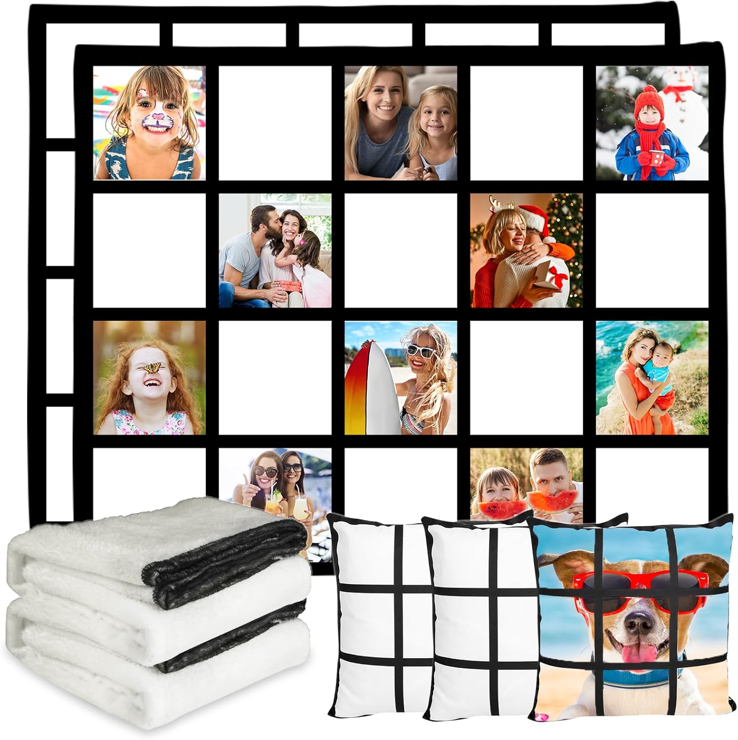 2 Pack 60"x50" Sublimation Blanks Throw Blanket with 20 Panel for Heat Press Custom Personalised Photos Printable Baby Flannel Blankets 3 PCS Pillow Cover Throws DIY Home Sofa Couch Bed