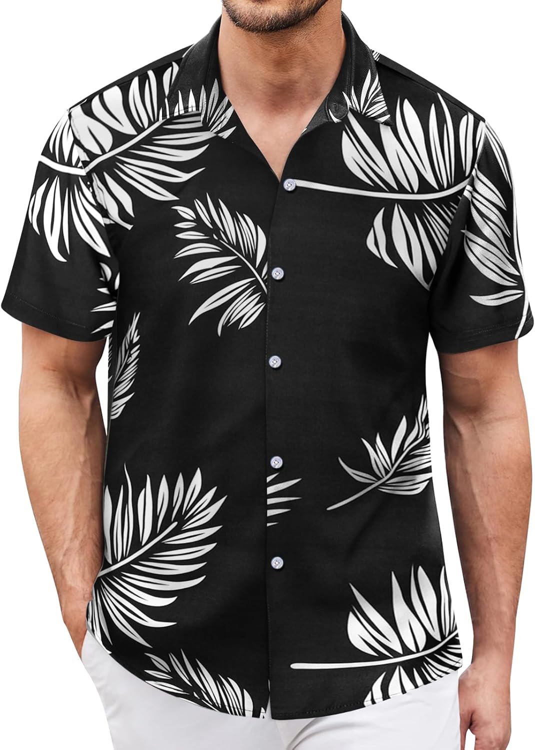 Hawaiian Shirt for Men Sleeves Printed Casual Button Down Summer Beach Dress Shirts(leaf black and white-2XL), XX-Large