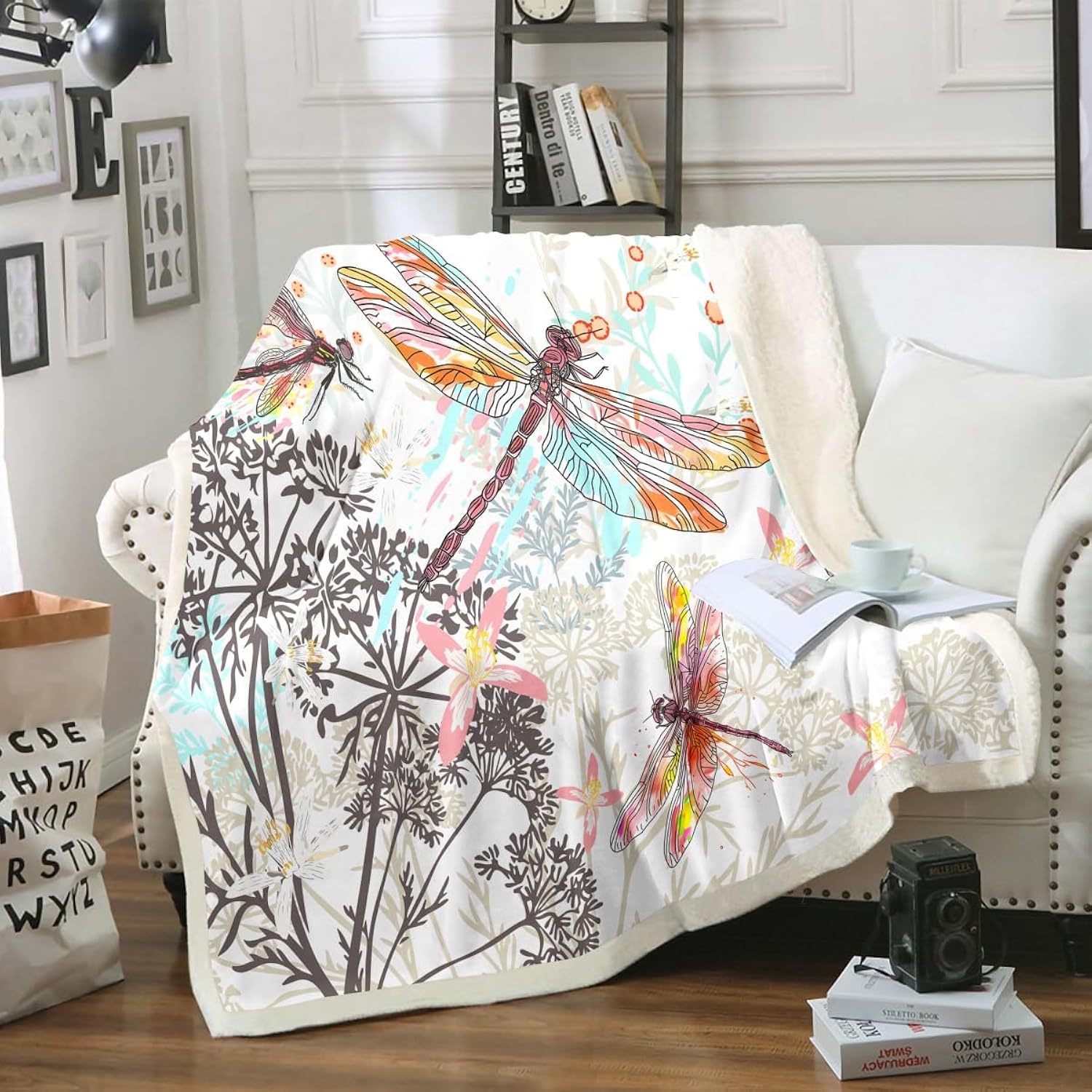 Feelyou Dragonfly Fleece Sherpa Throw Blanket Soft Cozy Fluffy Botanical Fuzzy Blanket Caring Gift for Women 50"x60"