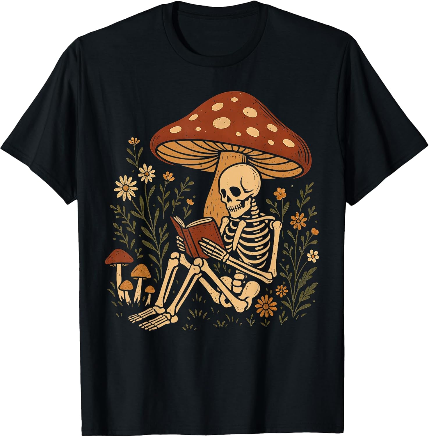 Cottagecore Aesthetic Floral Mushroom Skeleton Reading Books T-Shirt