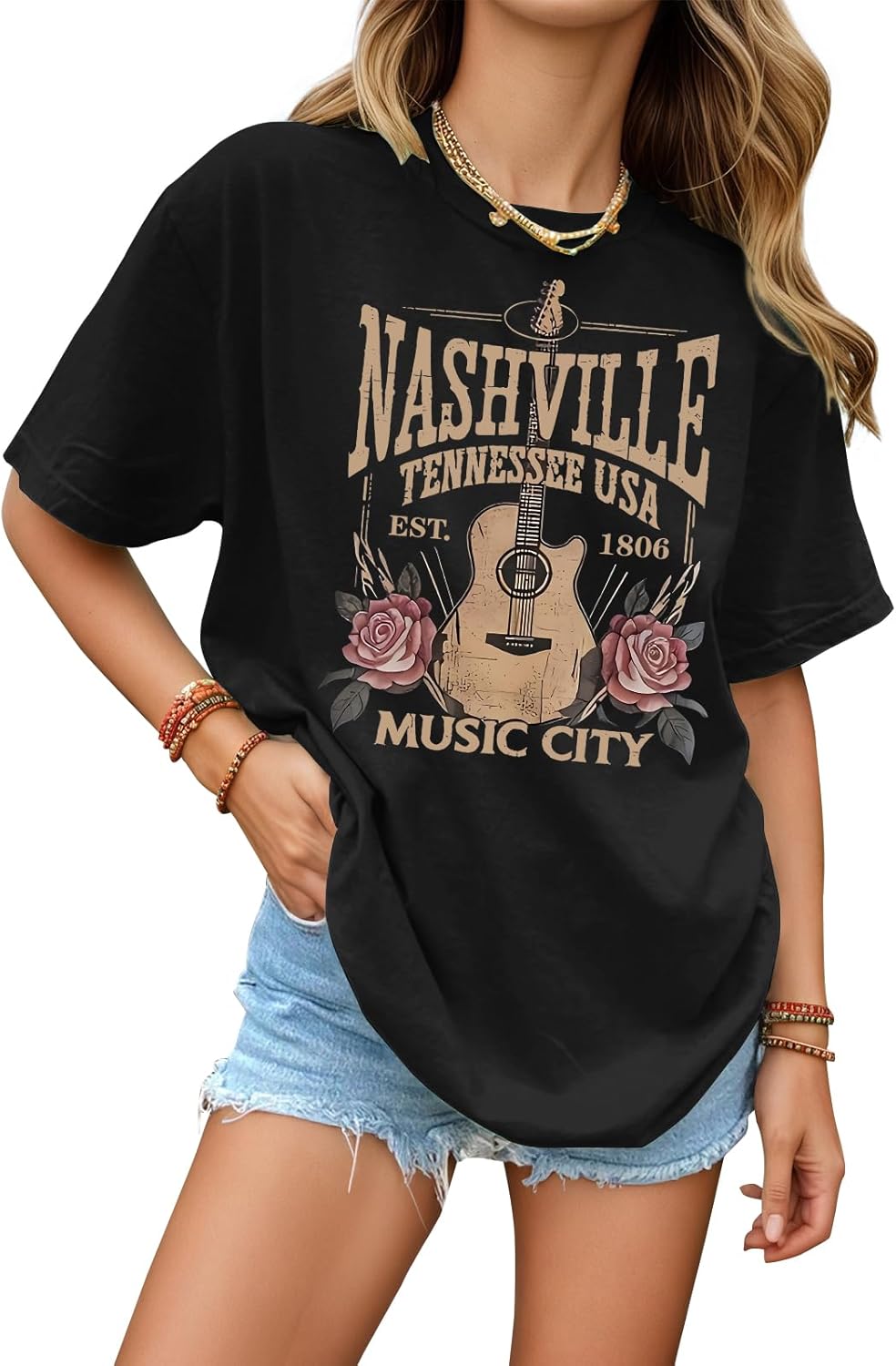 Oversized Rock Band T Shirts for Women Nashville Music City Tshirt Vintage Guitar Graphic Tees Country Concert Tops