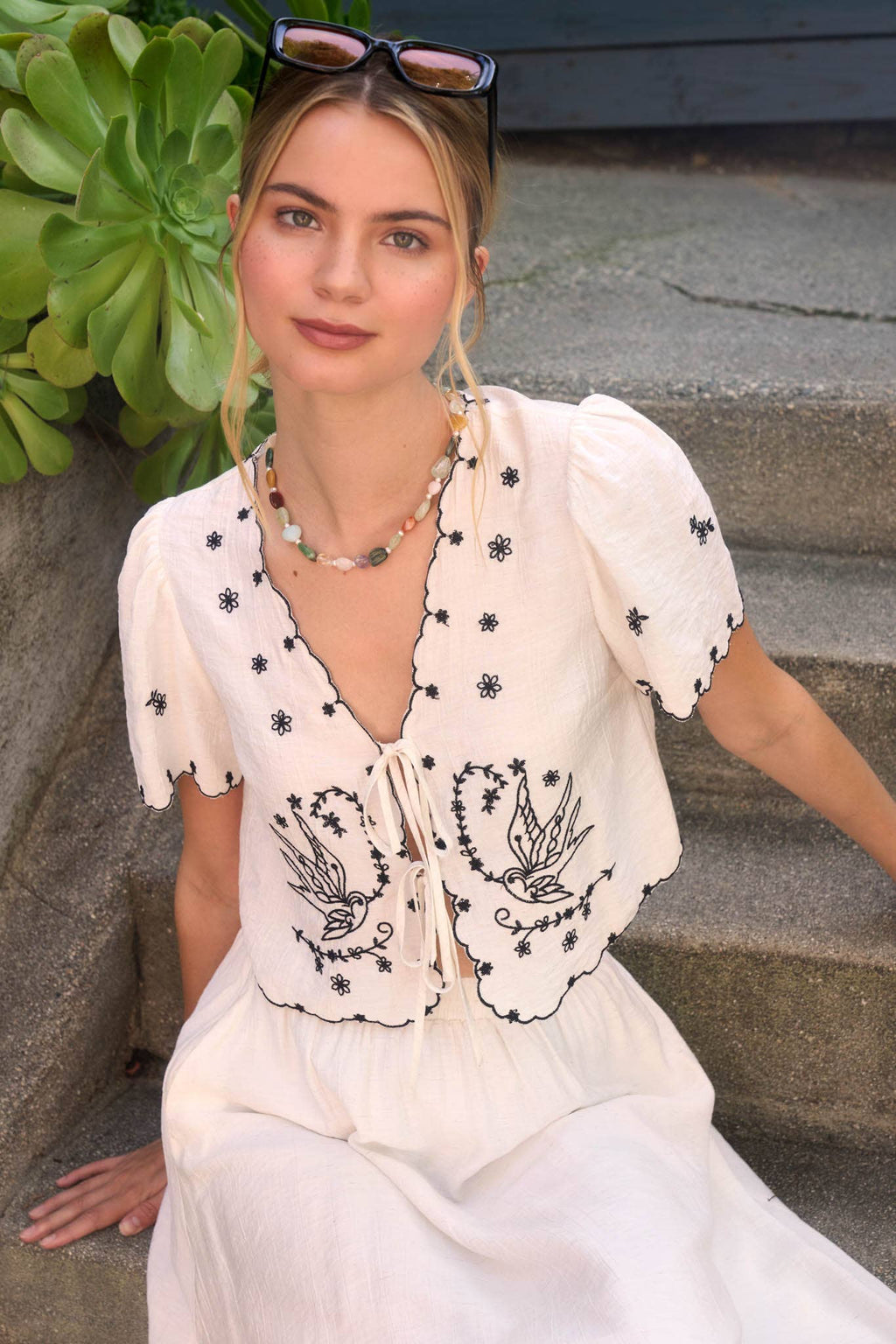 Bird Embroidery Short Sleeve Front Tie Top