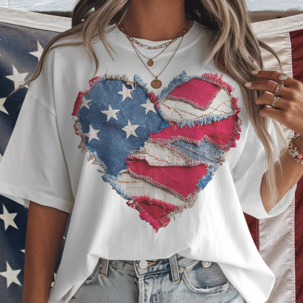 USA Flag Heart Stars and Stripes Denim Patchwork Print Tee