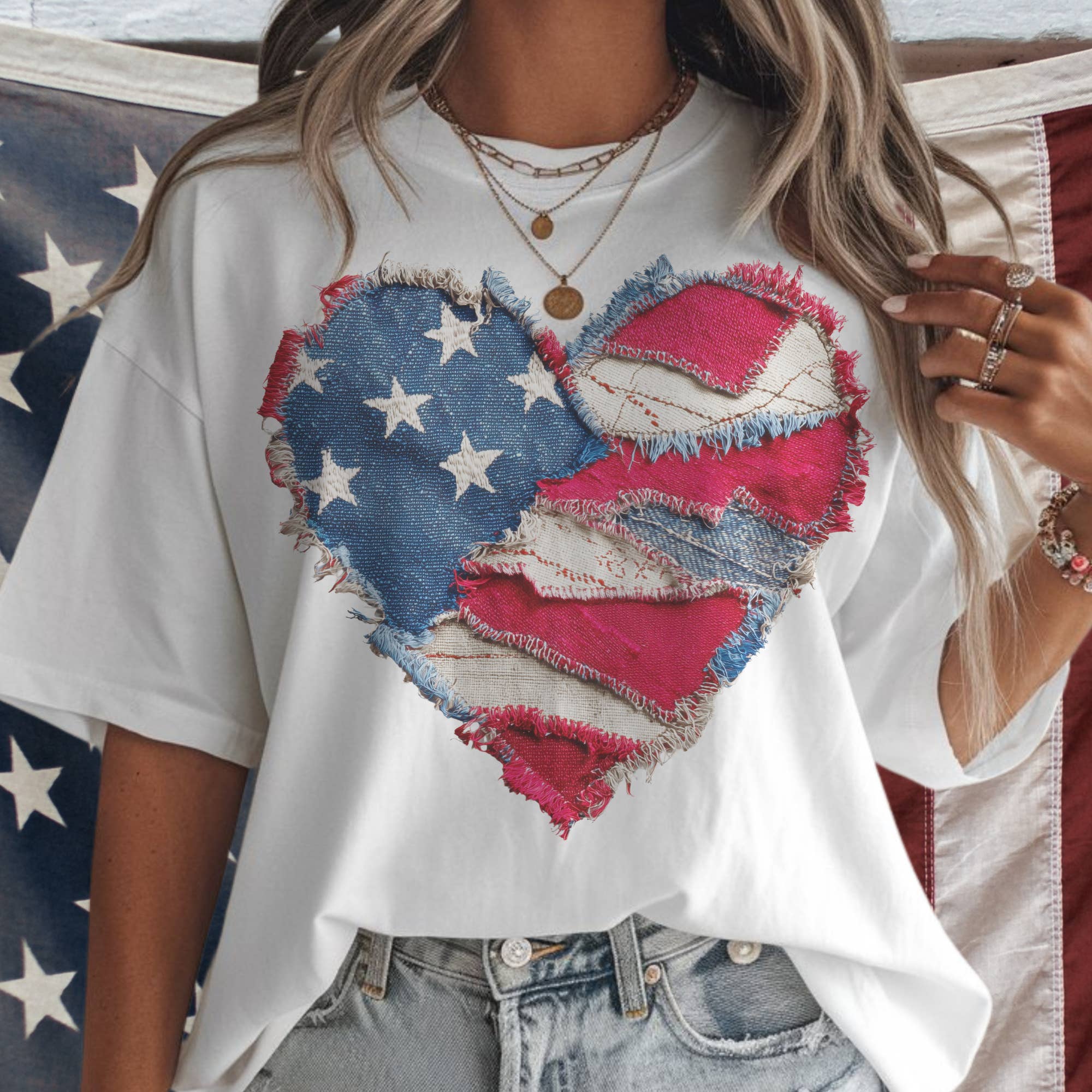 USA Flag Heart Stars and Stripes Denim Patchwork Print Tee