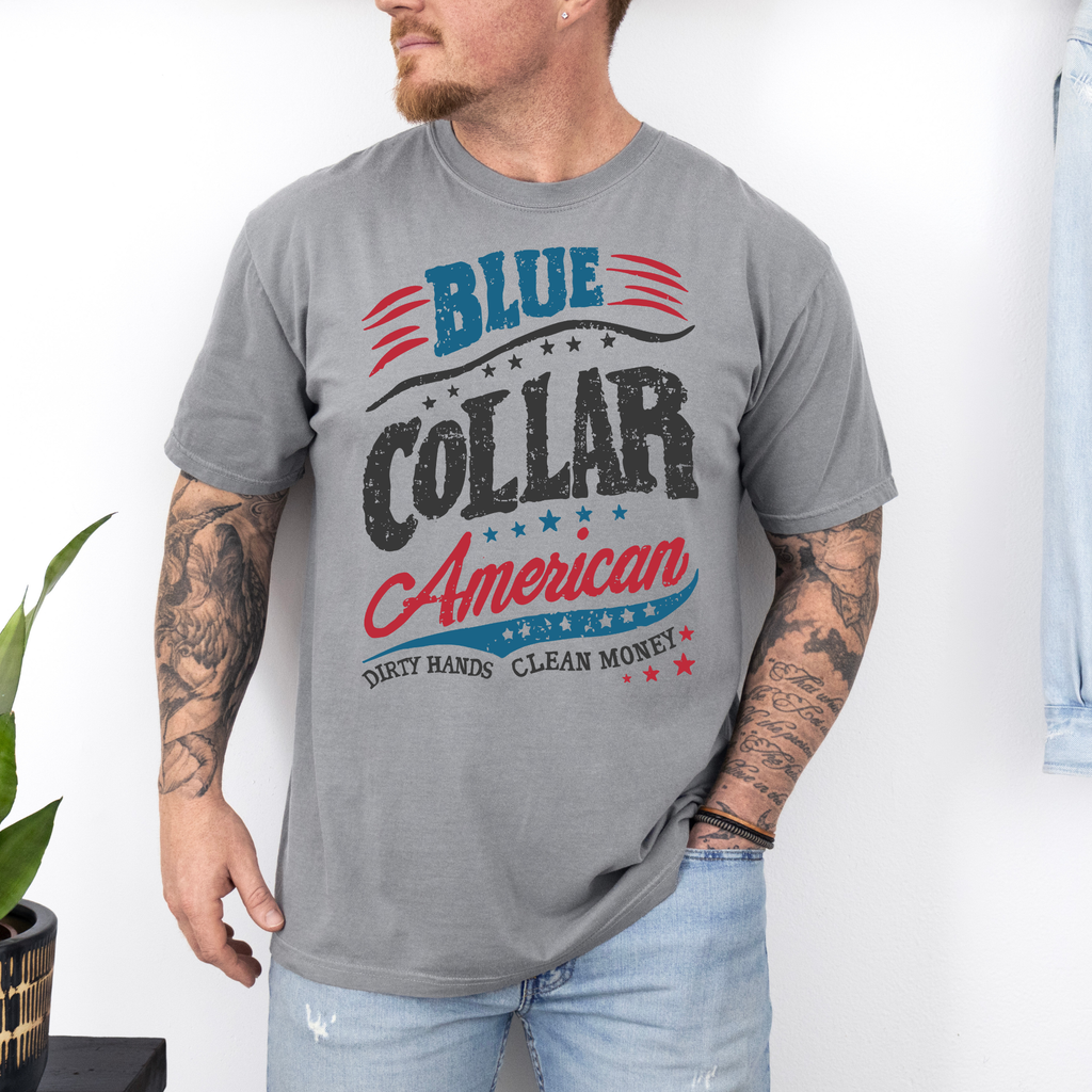 Fathers Day: Blue Collar American On Comfort Colors Gray