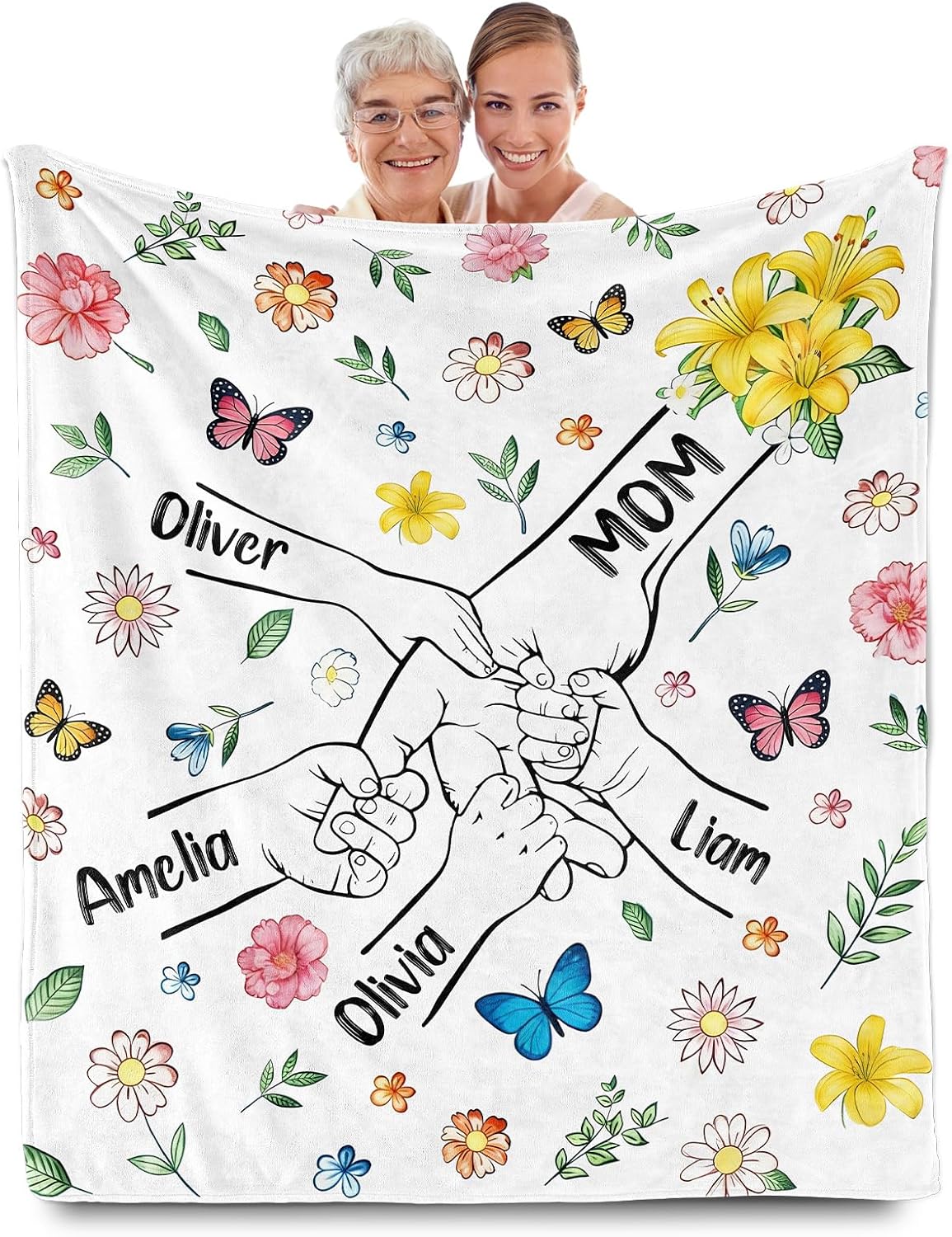 Personalized Throw Blanket with Kids Mom Name, Custom Blanket for Mom, Customized Mothers Day Birthday Gifts for Mother Birthday Family Anniversary