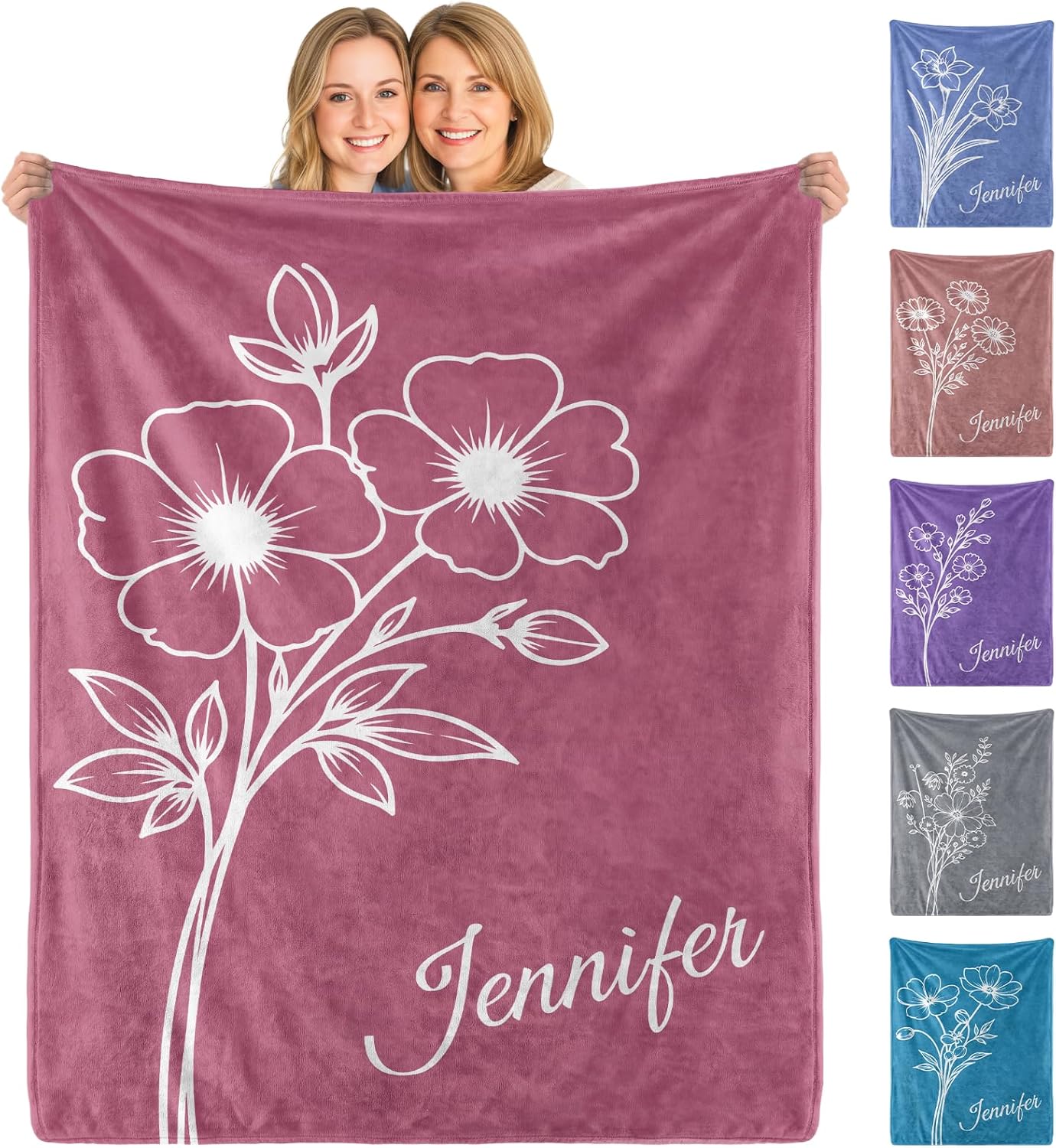 Personalized Gifts for Women, Custom Birth Month Flower Blanket with Name, Personalized Mothers Day Birthday Gifts for Women Mom Grandma, Customized Adult Throw Blankets