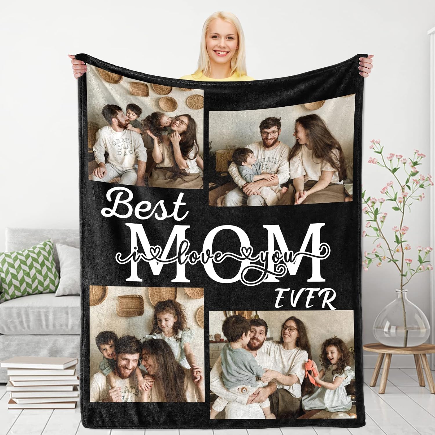 Best Mom Ever Custom Blanket, Mothers Day Birthday Gifts for Mom from Daughter, Customized Blankets with Pictures, I Love You Personalized Throw Blanket with Photos as a Gift