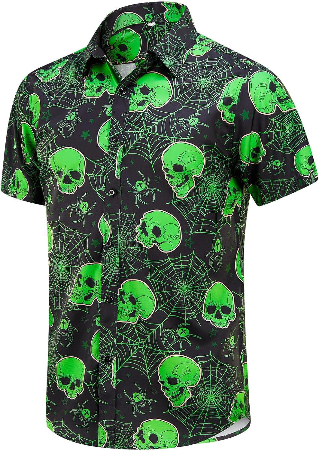 Halloween Button Down Shirts for Men Fun Skeleton Printed Casual Short Sleeve Hawaiian Tropical Novelty Shirt