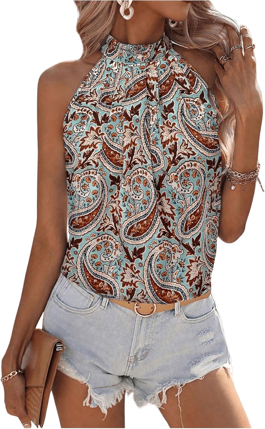 Women's All Over Print Halter Vest Sleeveless Cut Out Back Summer Top