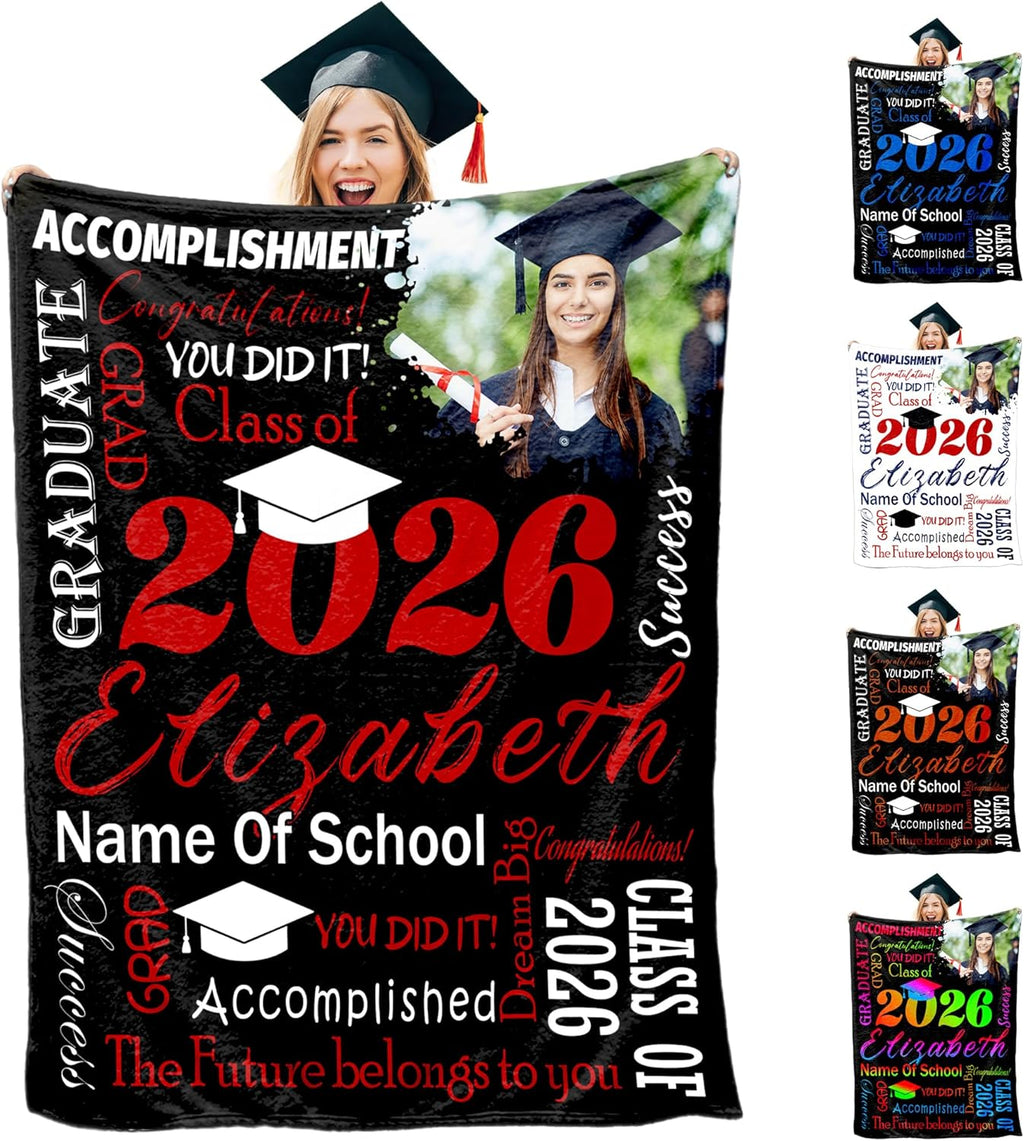 Personalized Graduation Blanket Congratulation Class of 2026 Red Blue Custom Name Graduate Blankets Graduation Party Supplies for Him&Her Senior Throw Decorations for Sister Daughter Son