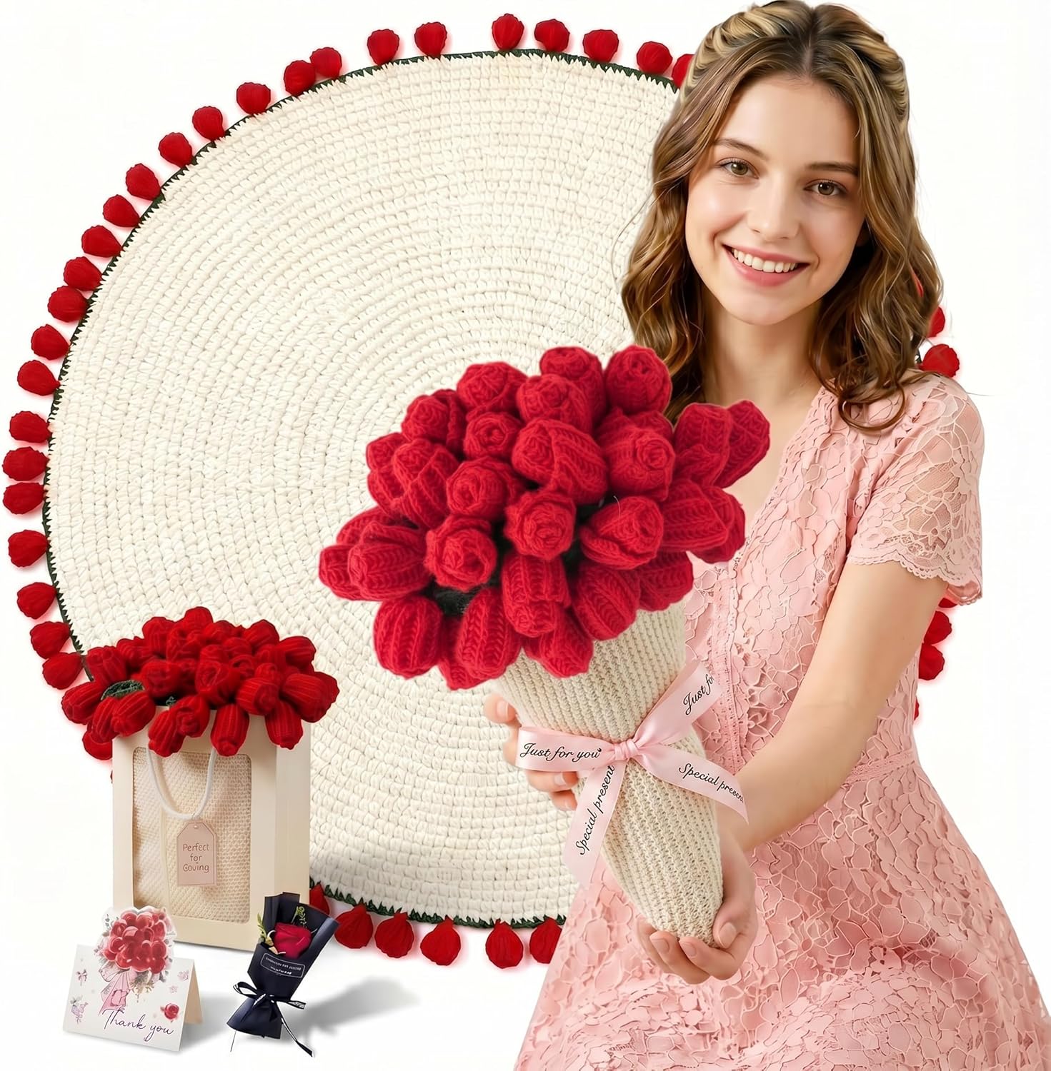 Flower Bouquet Blanket,Crochet Flower Bouquet Blanket Handmade, for Mother's Day, Valentine's Day, Birthday, Mom Grandma Home Sofa Decor (Finished Product) (Red, Small（31X31inches）)