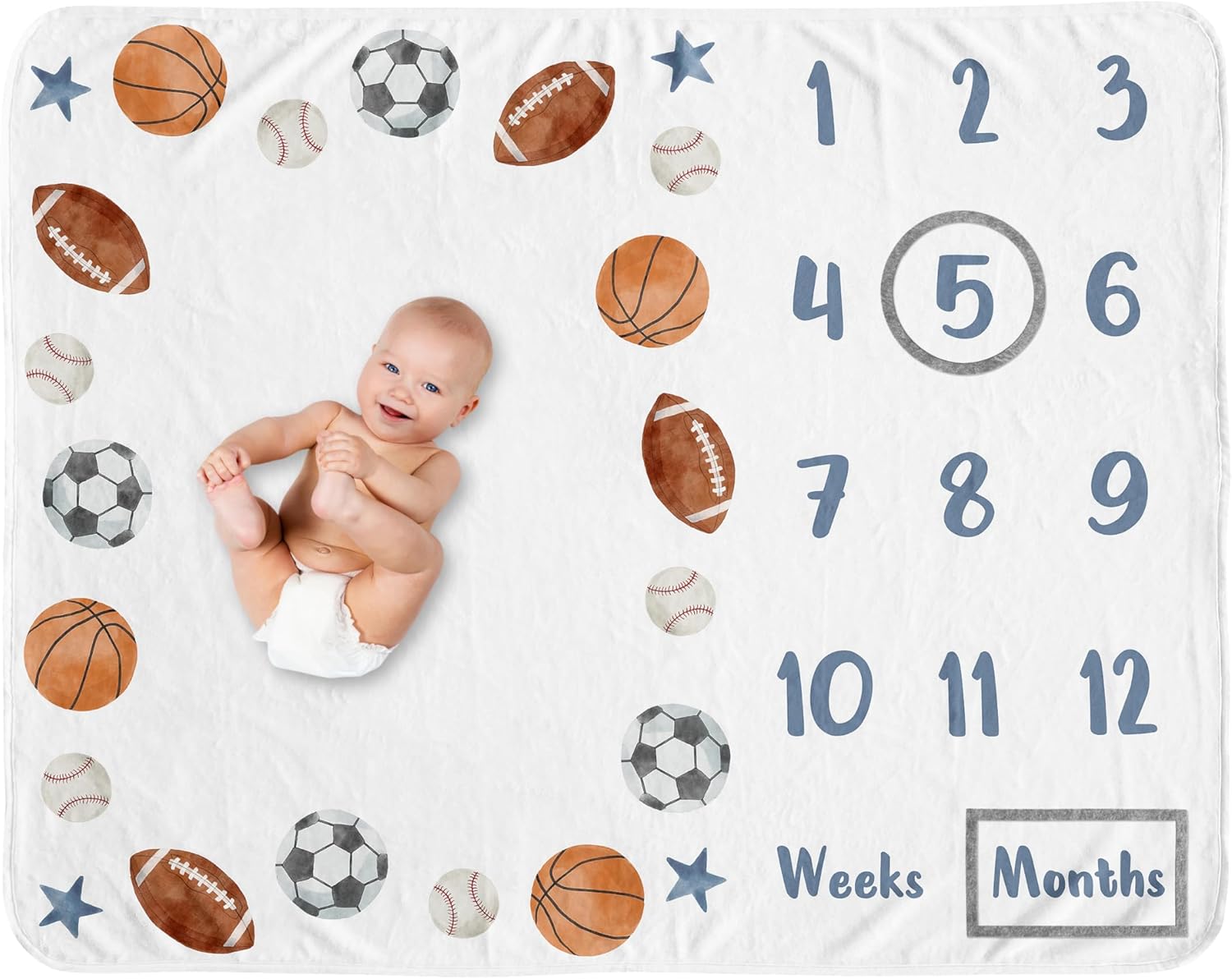 Sweet Jojo Designs Sports Theme Boy Baby Milestone Blanket Newborn Monthly First Year Photo Growth Chart Infant Memory Gift Set Watercolor Vintage Soccer Balls Football Baseball Basketball Blue Stars