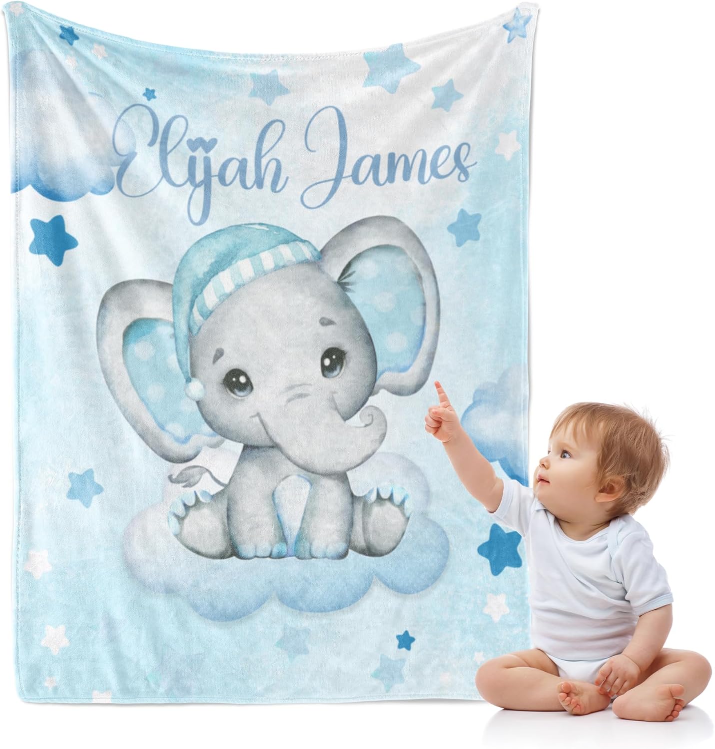 Personalized Baby Blanket for Boys,Custom with Name, Customized Name Receiving Blankets Toddlers Kids Nursery Stroller Crib Decor Throw 30/''x40/'',Color2, 02-blue Elephant
