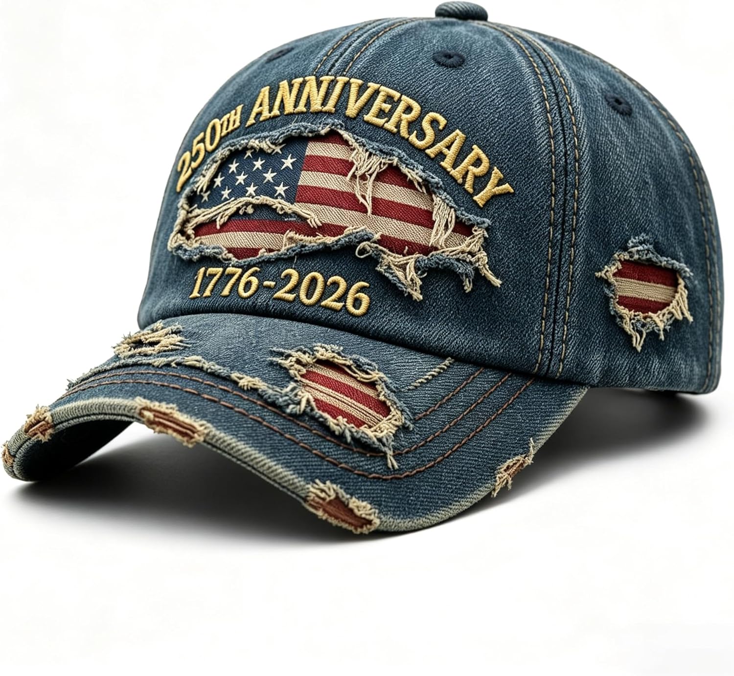 USA 250th Anniversary Hat 1776-2026 - Embroidered Distressed Denim Cap - Vintage Ripped Flag Patriotic American Gift