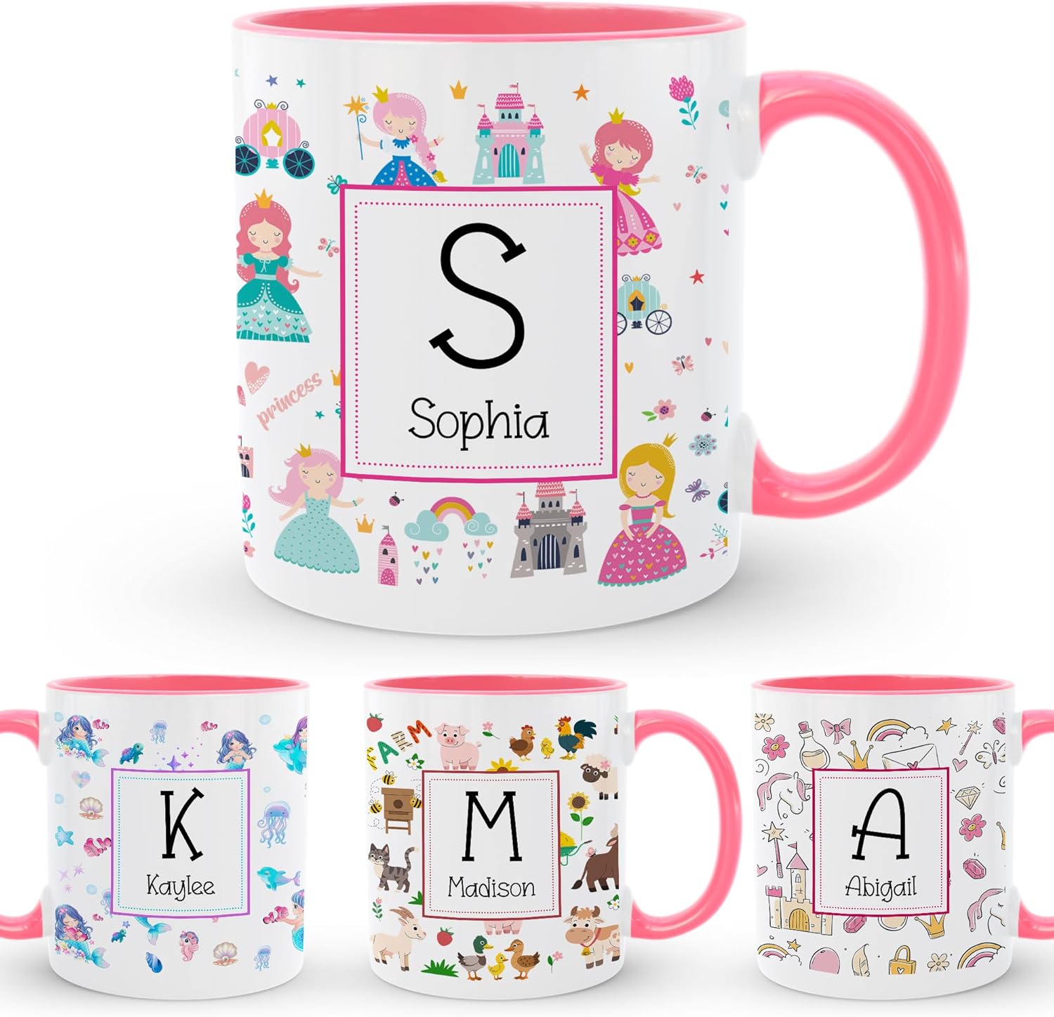 Personalized Kids Coffee Mug with Name & Initial | 11 oz Custom Ceramic Mug with Handle for Boys & Girls | Hot Chocolate, Cocoa, Milk, Tea Drinking Cup | Gift for Children Toddlers | Pink