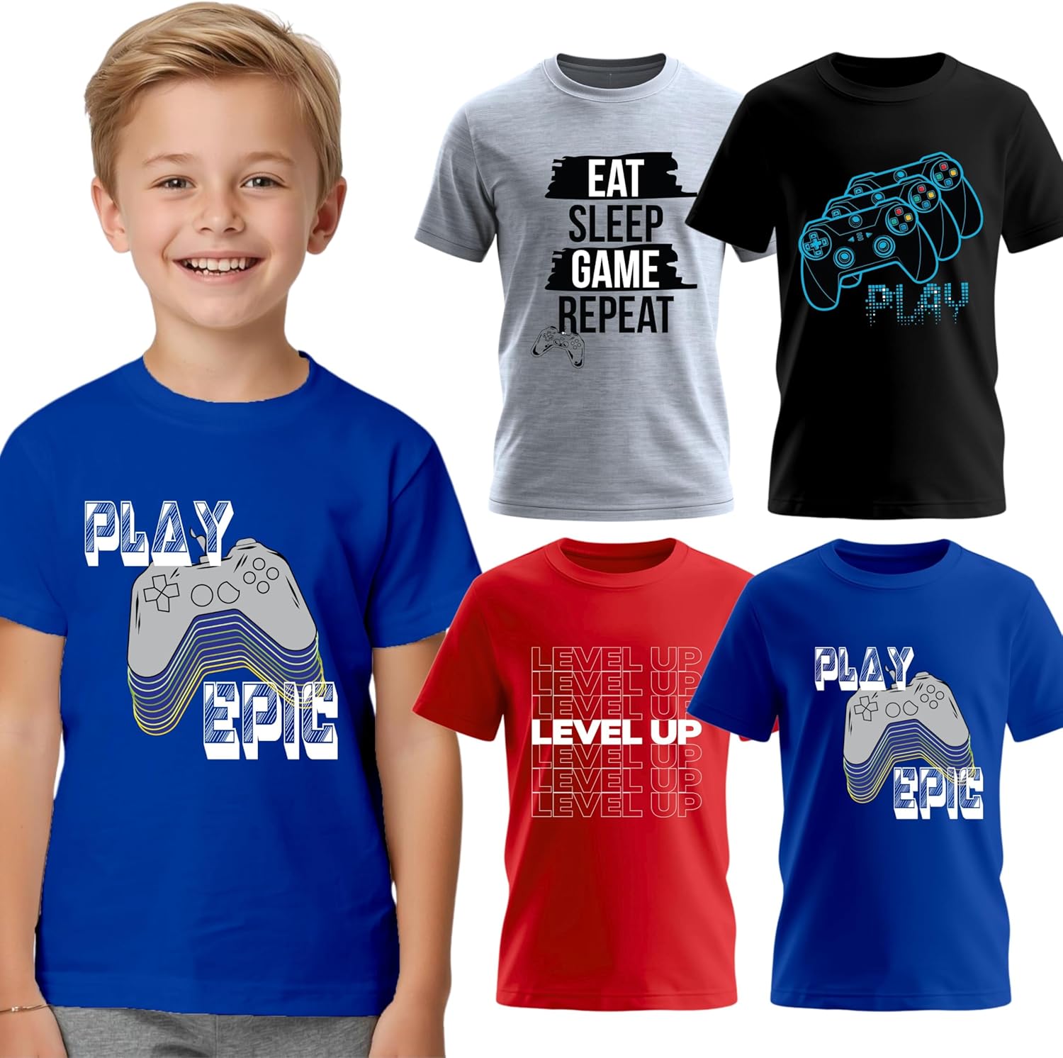 Boys Graphic T Shirts 4 Pack Cotton Tees Gaming Video Gamer Prints, Short Sleeve Crew Neck Kids Sizes 6–20