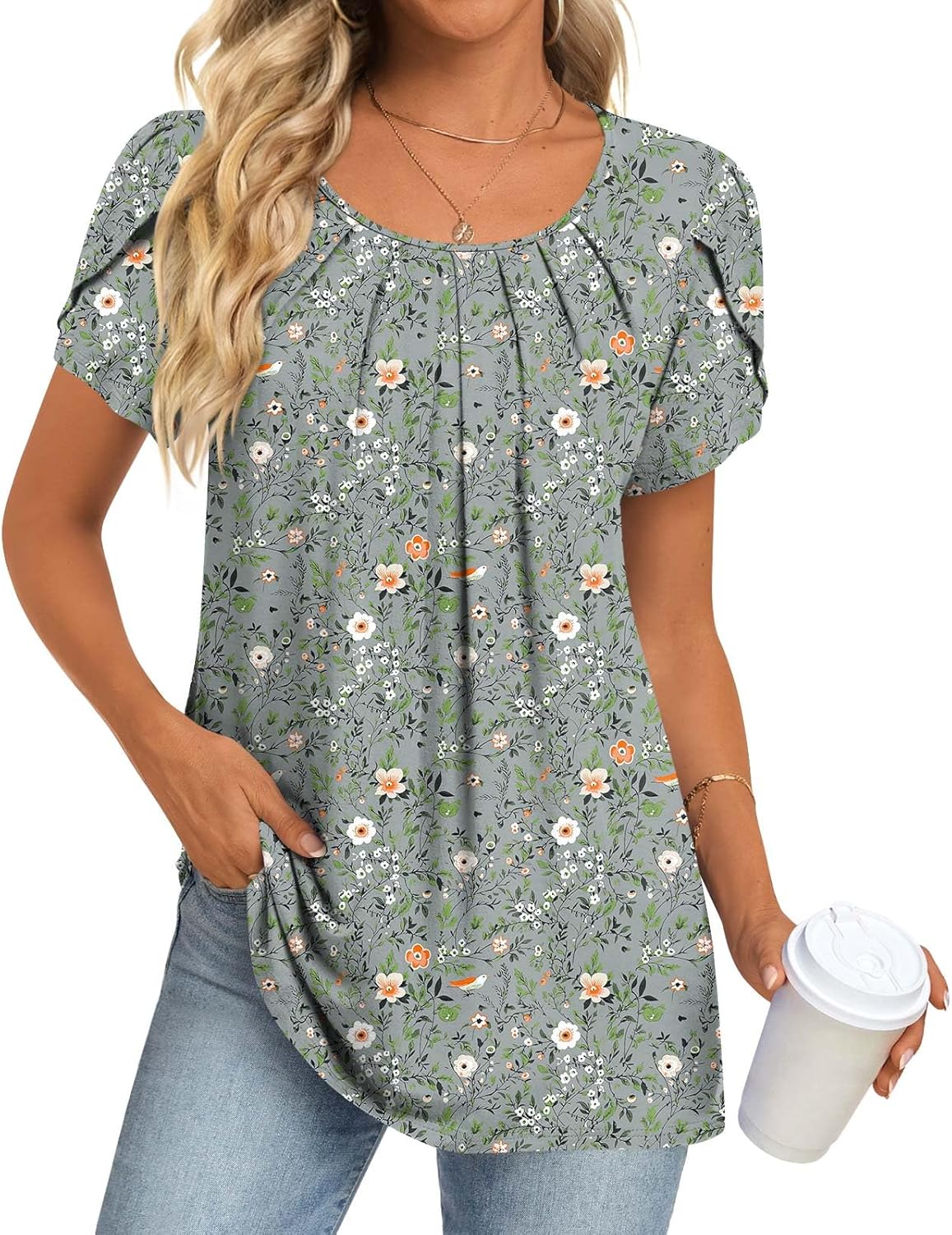 Womens Tops 2026 Spring Summer Tunic Short Sleeve Casual Shirts Pleated Blouses for Leggings M-3XL