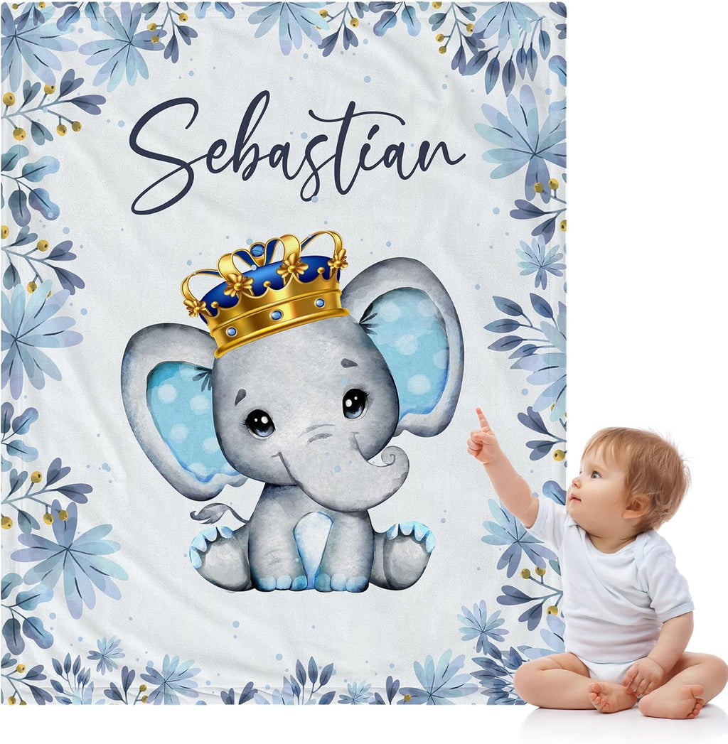 Personalized Baby Blanket for Boys, Custom Name Blanket for Toddlers, Boys Stroller Crib Decor Throw, Blue Elephant