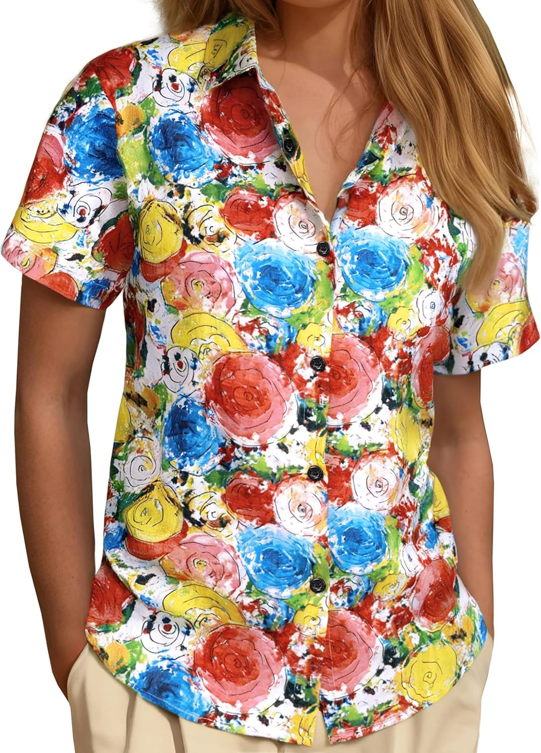 Women's Floral Blouse Casual Button Down Short Sleeve Aloha Hawaiian Shirt