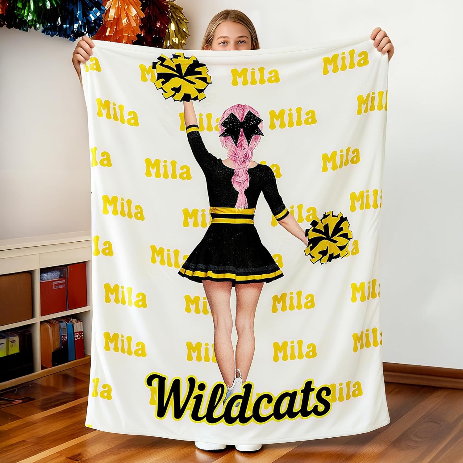 callie Personalized Cheerleading Cartoon Character Multicolor Soft Throw Blanket with Name, Cheerleading Gifts Custom Blanket Senior Night Game Day Team Gift for Cheerleaders