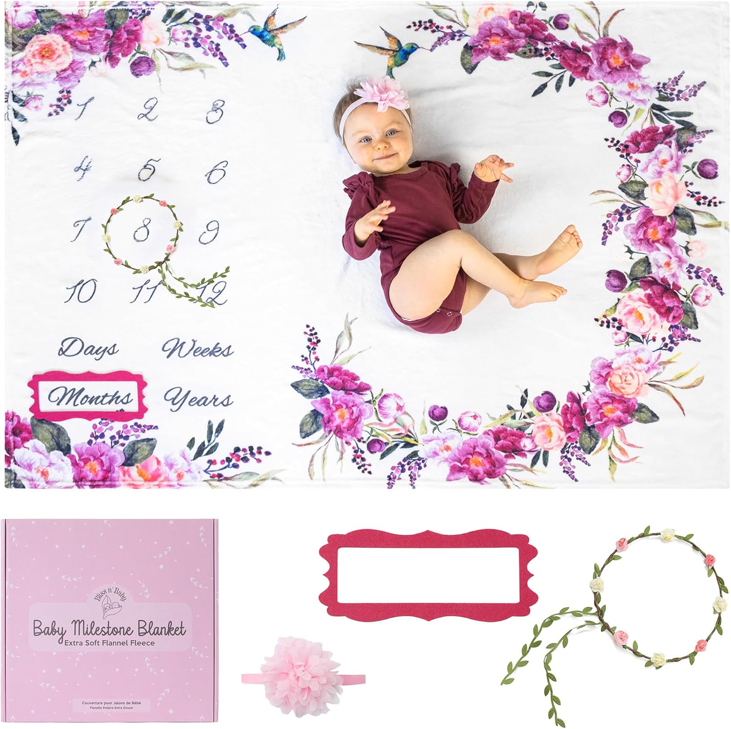 Monthly Milestone Blanket for Baby Girl - 60"x40" - Wrinkle Free Baby Age Month Blanket with Growth Chart - Washable & Dryable - w/Wreath & Headband - Floral Theme