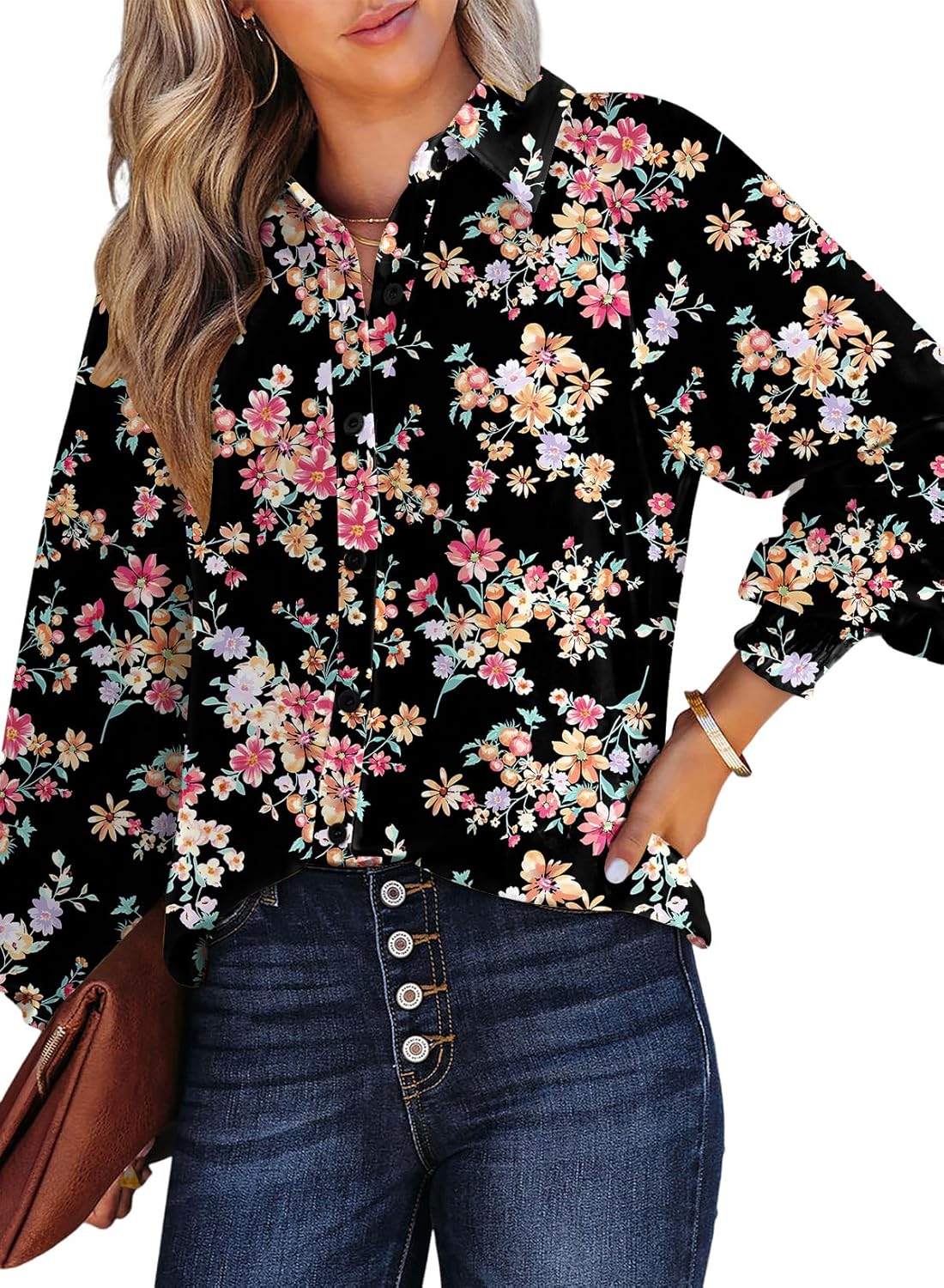 Women's Casual V Neck Allover Floral Print Long Sleeve Chiffon Button Down Blouses Bohemian Top Shirts