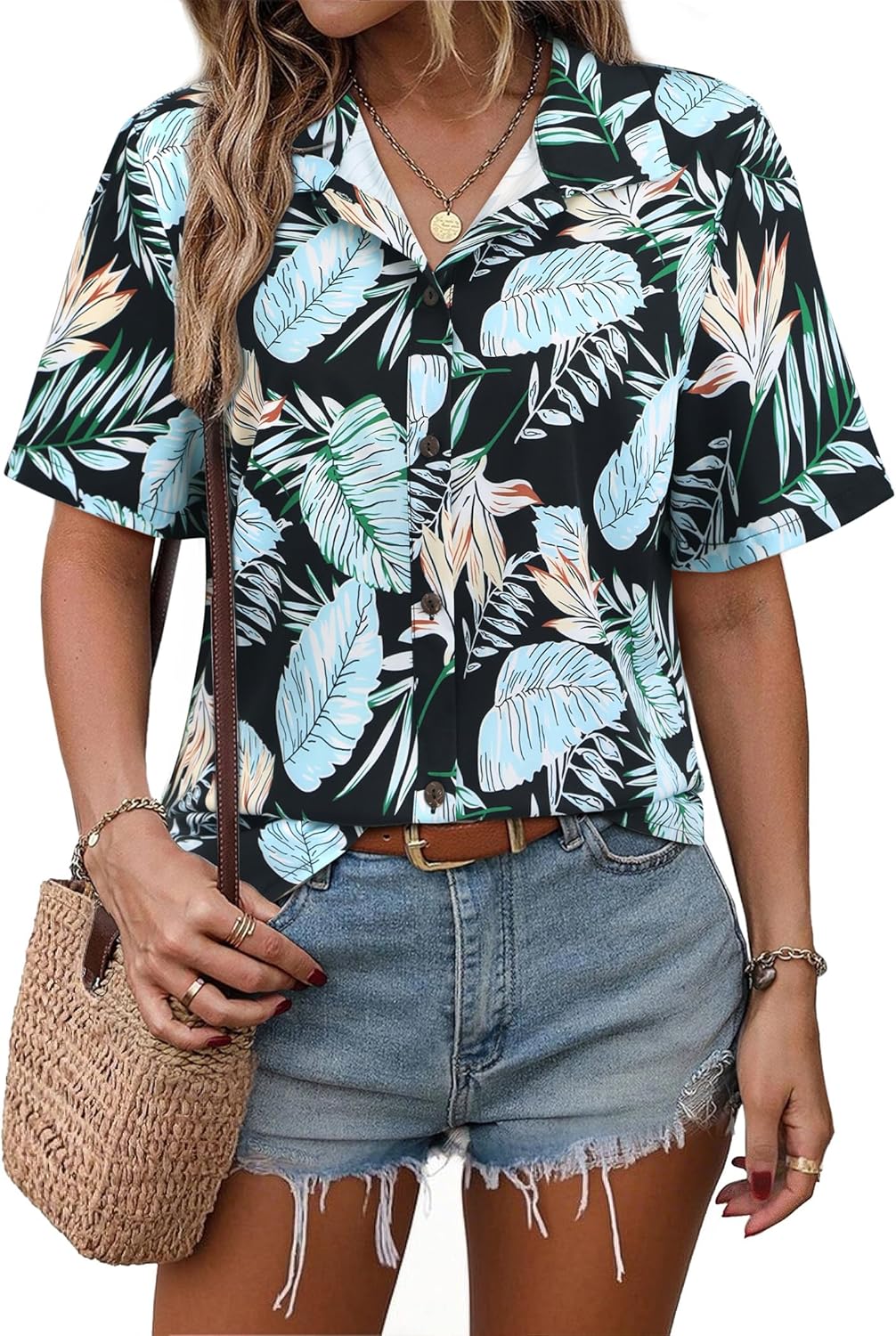 Women's Hawaiian Shirts Tropical Tops Blouses Luau Party Plus Size Summer Beach Button Down Up Vacation Short Sleeve Leaf Print (Black,XL)