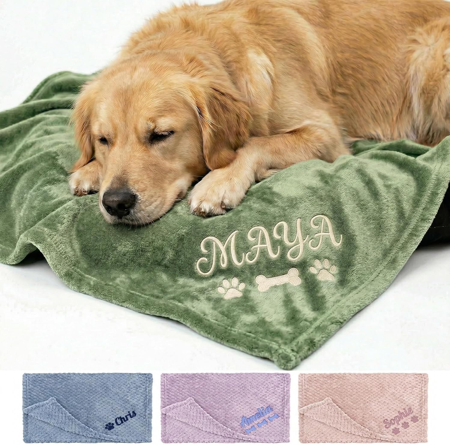Personalized Dog Blanket with Embroidered Name - Premium High-Density Custom Pet Throw for Cats & Puppies - 15 Colors, 3 True Sizes - Soft Fleece Couch Protector & Memorial Gift
