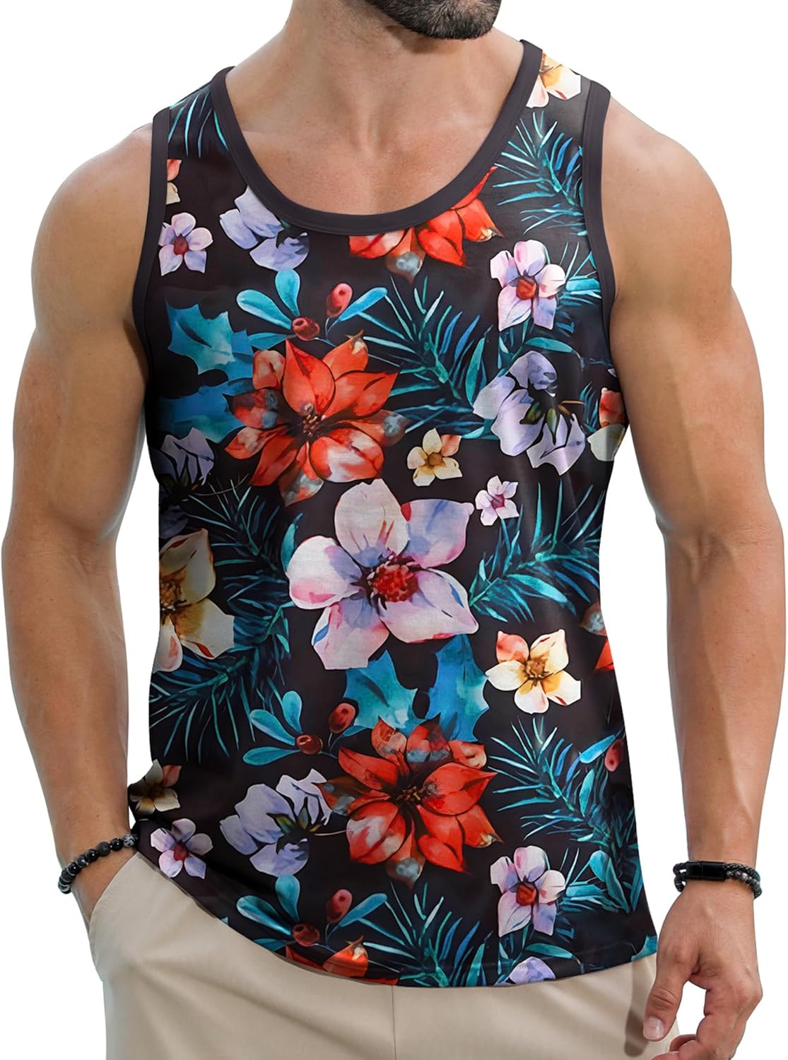 Men's Hawaiian Tank Tops Tropical Funky Floral Beach Tops Sleeveless Basic T-Shirt Breathable Aloha Tee Summer
