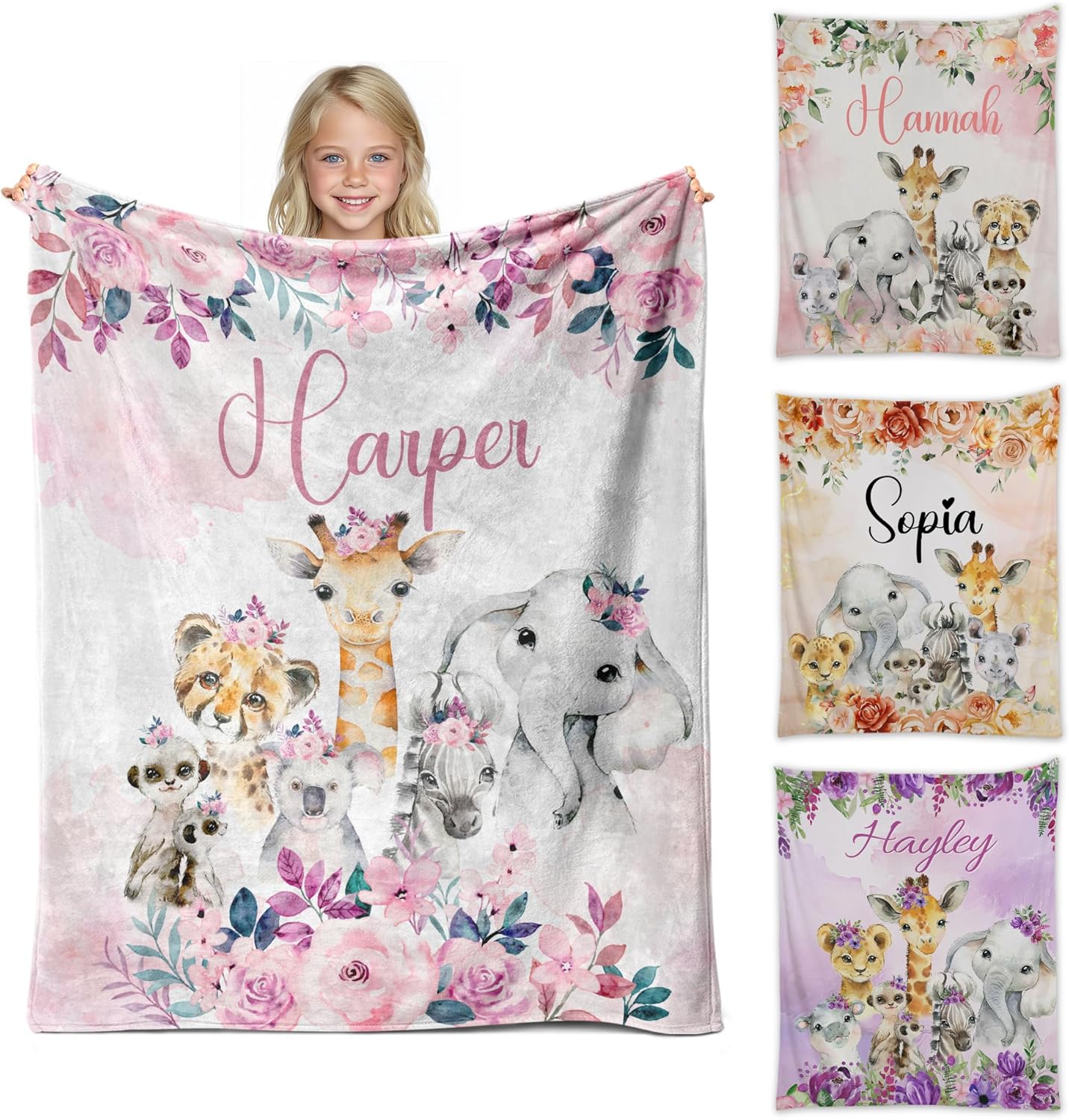 Personalized Baby Blanket for Girls with Name, Custom Baby Girl Blanket, Soft Receiving Blanket for Newborn, Personalized Baby Gifts & Personalized Blankets for Kids(Safari-a)