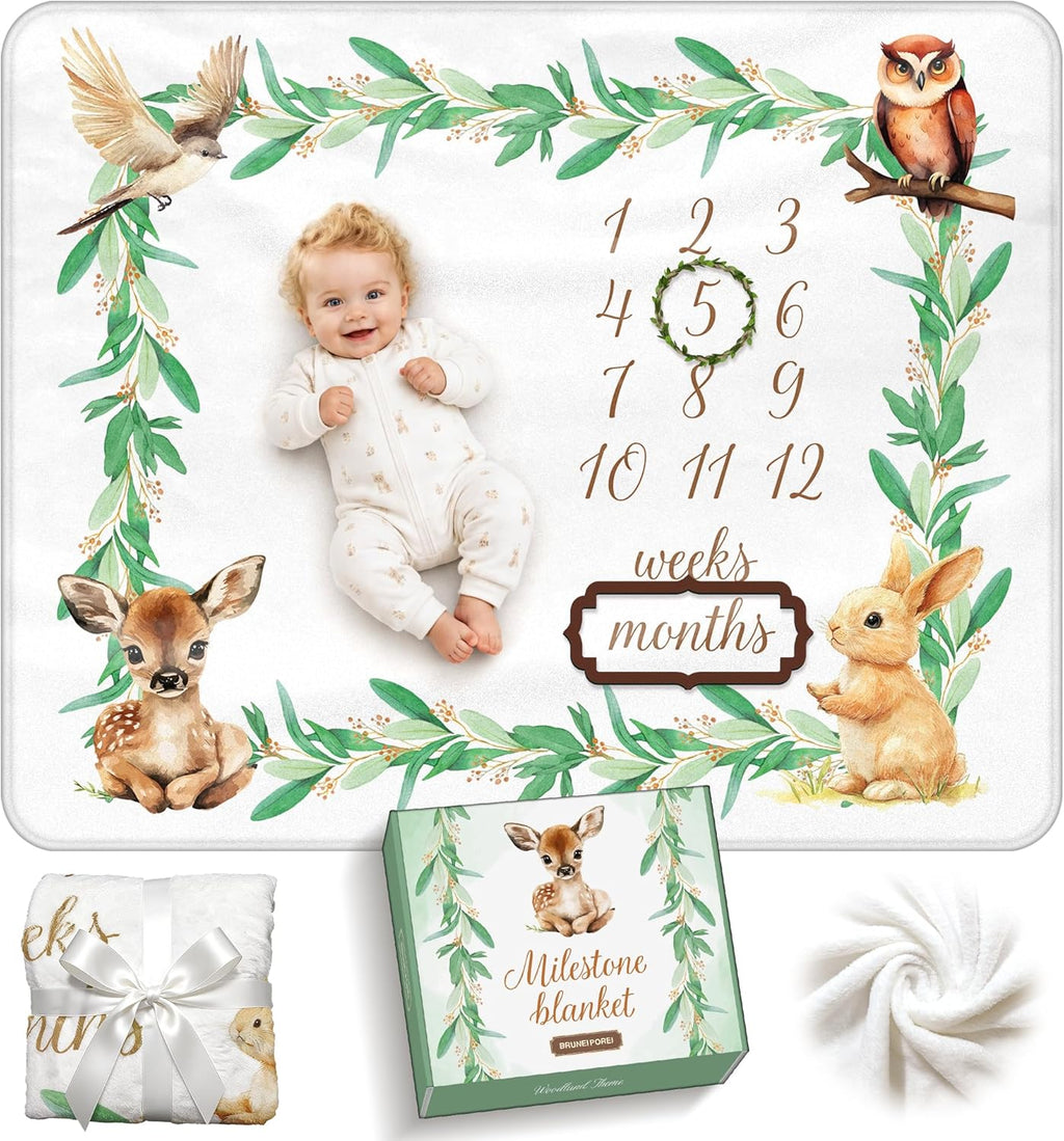 Baby Milestone Blanket Woodland, 50" x 40" Thick Soft Flannel, Gender Neutral, Includes 2 Custom Shaped Markers, Premium Gift Box, Ideal for Monthly Baby Photos and Keepsake Gift