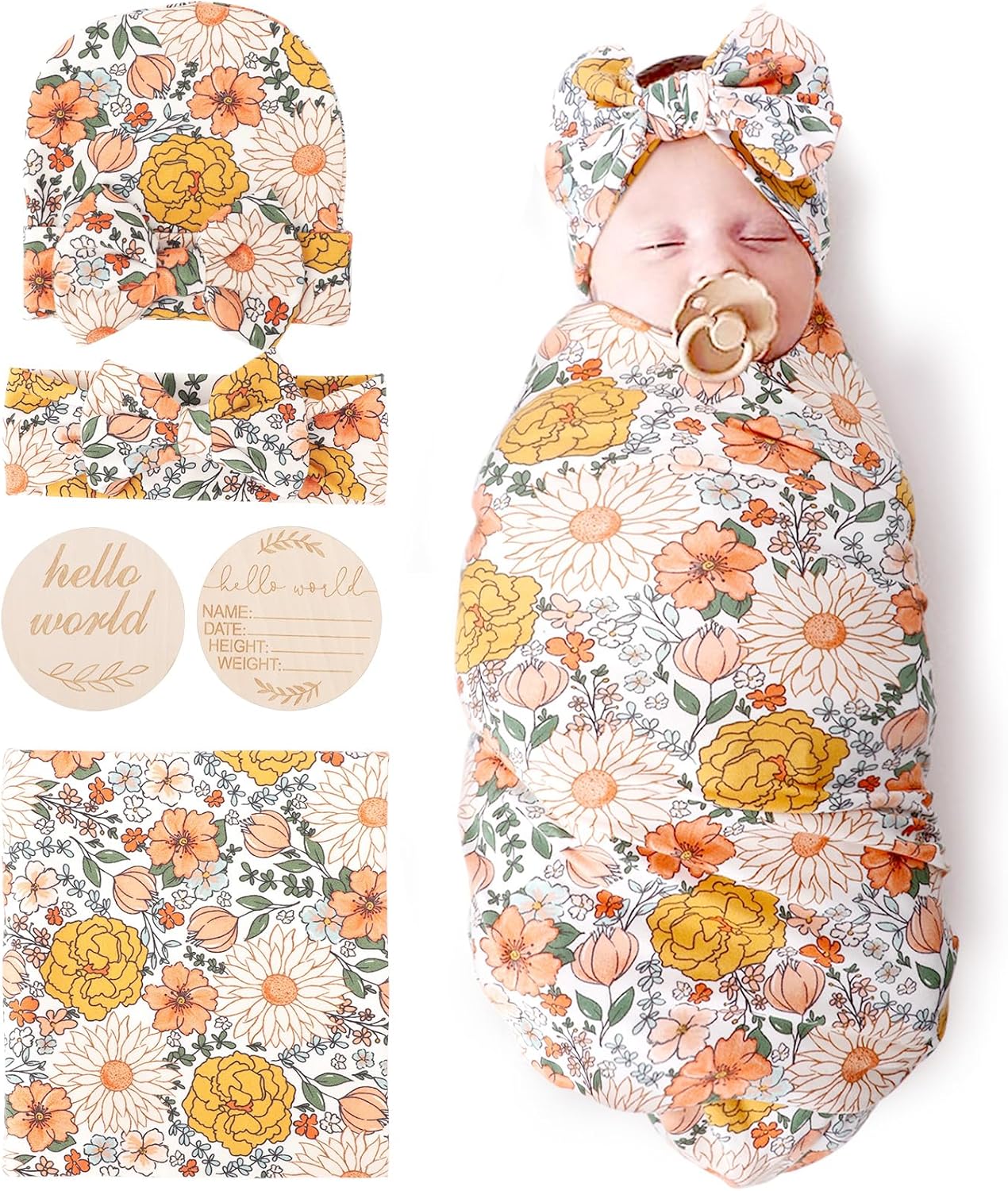 DRESHOW BQUBO Baby Girl Newborn Floral Receiving Blankets with Bow Hat Headband Wooden Birth Announcement Card Set Newborn Baby Swaddling Hats Sleepsack Toddler Warm Shower Gift
