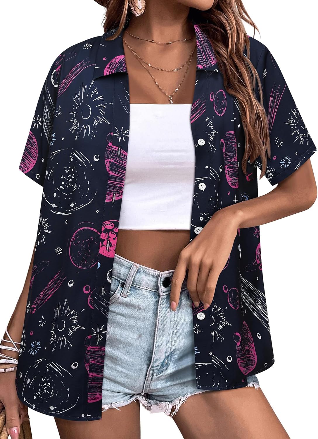 Womens Space Button Down Shirts Funny Astronaut Universe Planet Solar System Galaxy Graphic Tees Tshirt Blouse