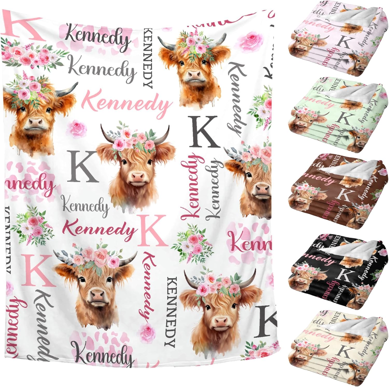 Personalized Baby Blanket for Girls Boys Highland Cow Custom Baby Blanket with Name Swaddle Blanket for Toddlers Infants Kids Shower Newborns Nursery Stroller Crib Decor Throw Birthday Gift