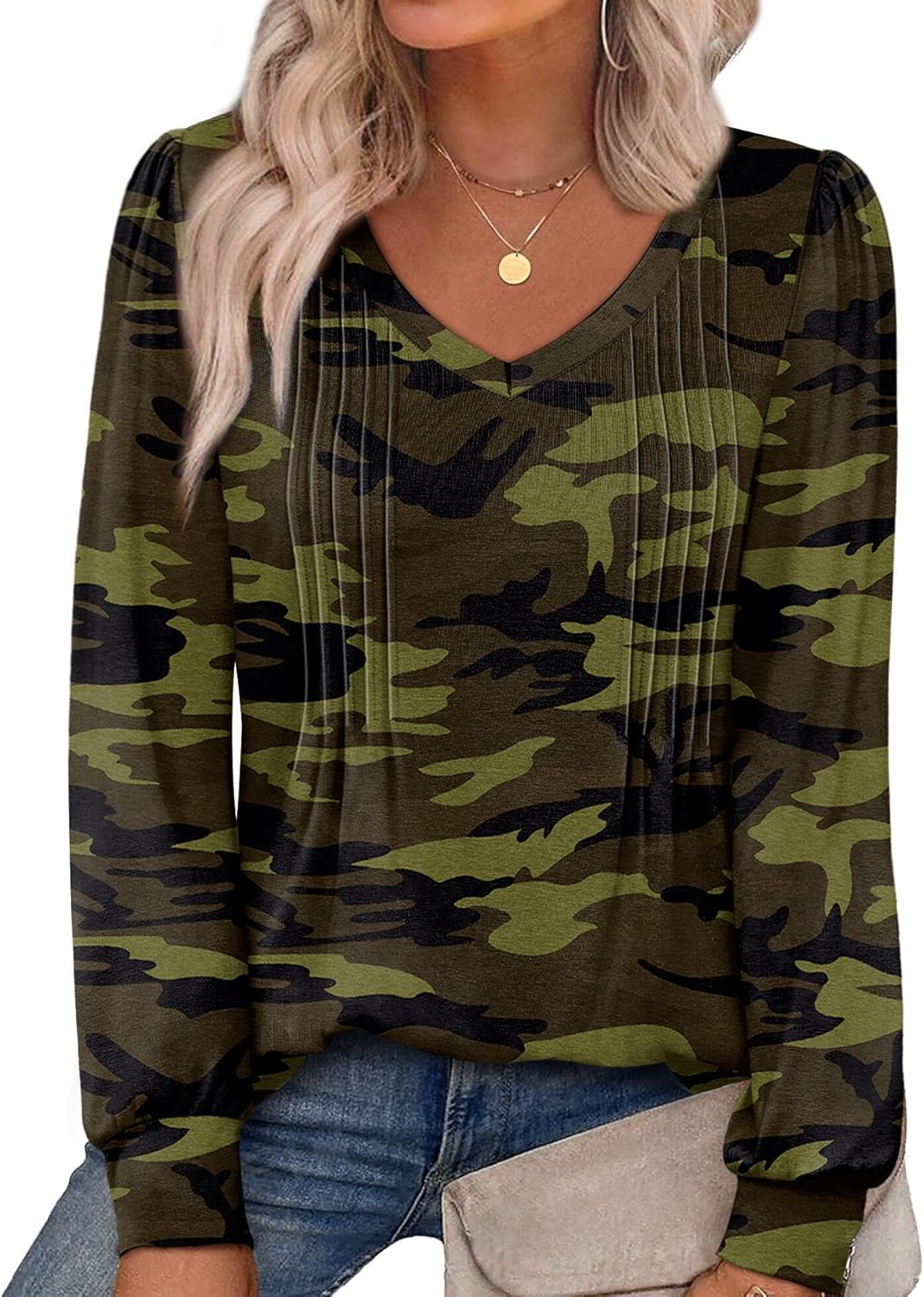 Womens Long Sleeve Shirts Pleated V Neck Curved Hem Fall Winter Tunic Tops Blouses Print
