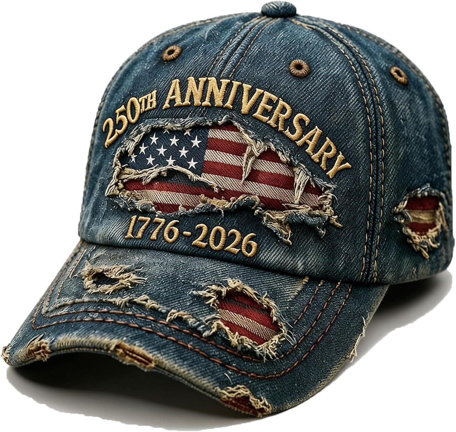 250 Anniversary USA Hat 250th Anniversary USA Flag Vintage Washed Hat Distressed Denim Embroidered 250th Merchandise for Men