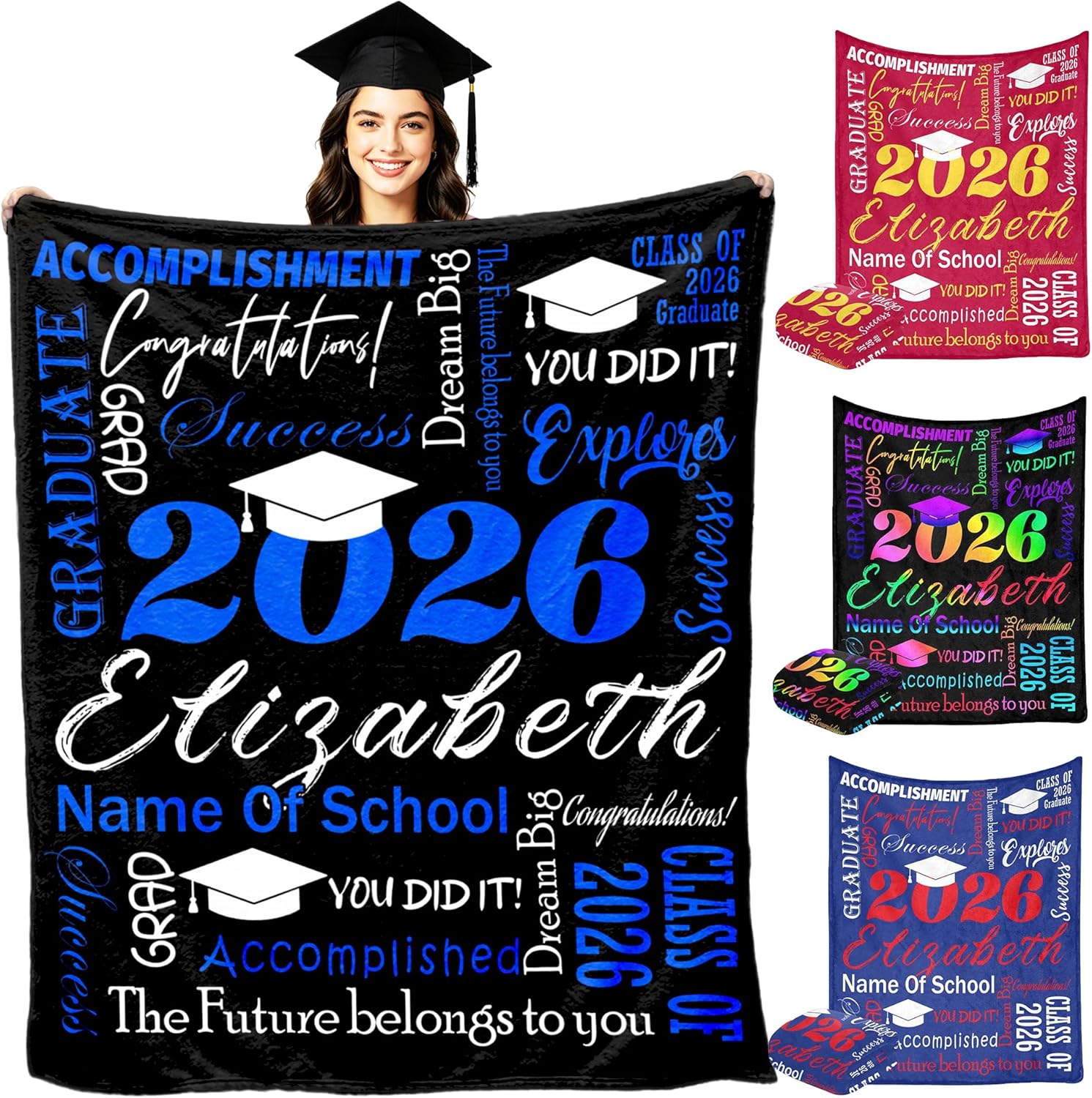 MyPupSocks 2026 Custom Graduation Blanket with Name Texts for High School College, Personalized Name Throw Blanket for Daughter Son Granddaughter Grandson on Graduation Day, Black Gold