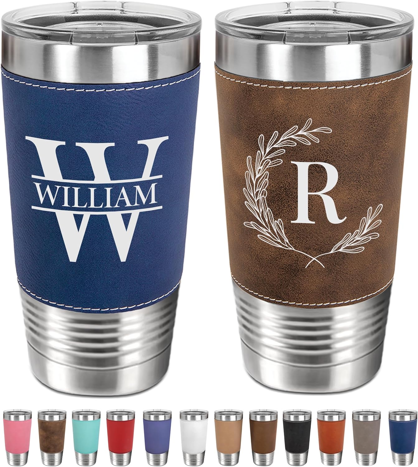 Personalized 20oz Leather Tumbler with Name and Logo, Personalized Stainless Steel Insulated Travel Mug Included Engraving, Custom Travel Mug for Hot & Cold Drinks, Vacuum Insulated
