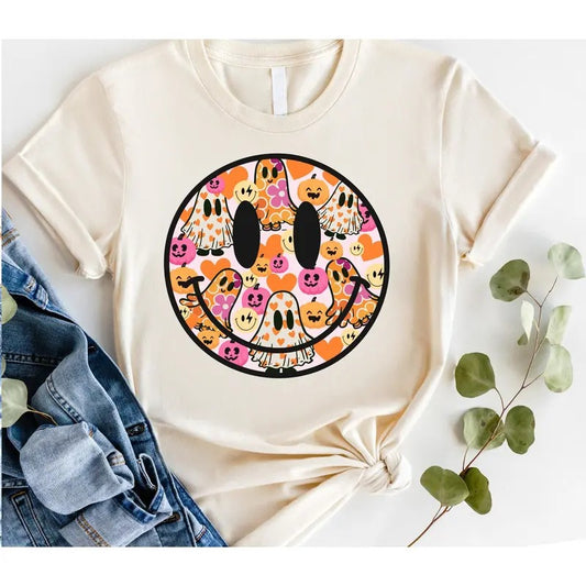 #847 - Pumpkin Smiley Ghost Halloween Fall - Print Unisex Crew neck Tee T-shirt Comfort Fabric