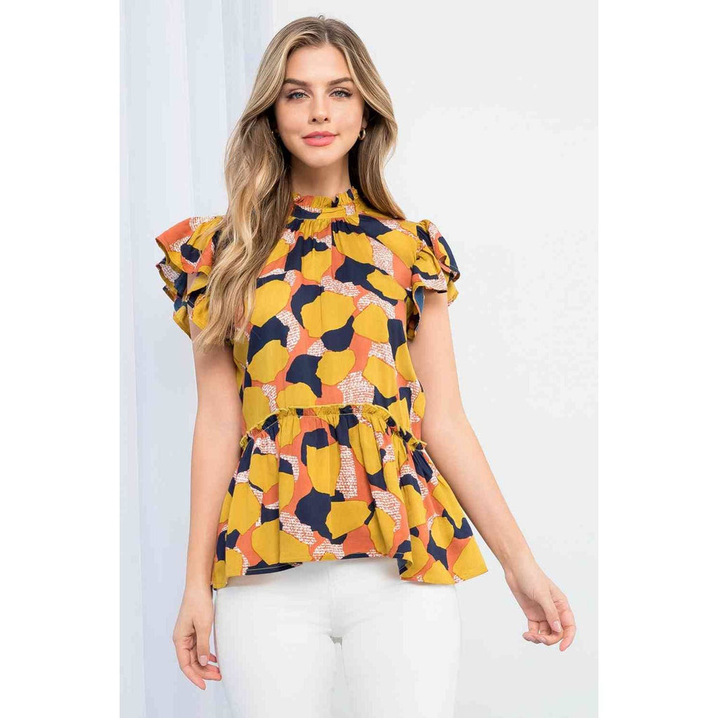 Printed Ruffle Sleeve Peplum Mock Neck Fashion Top