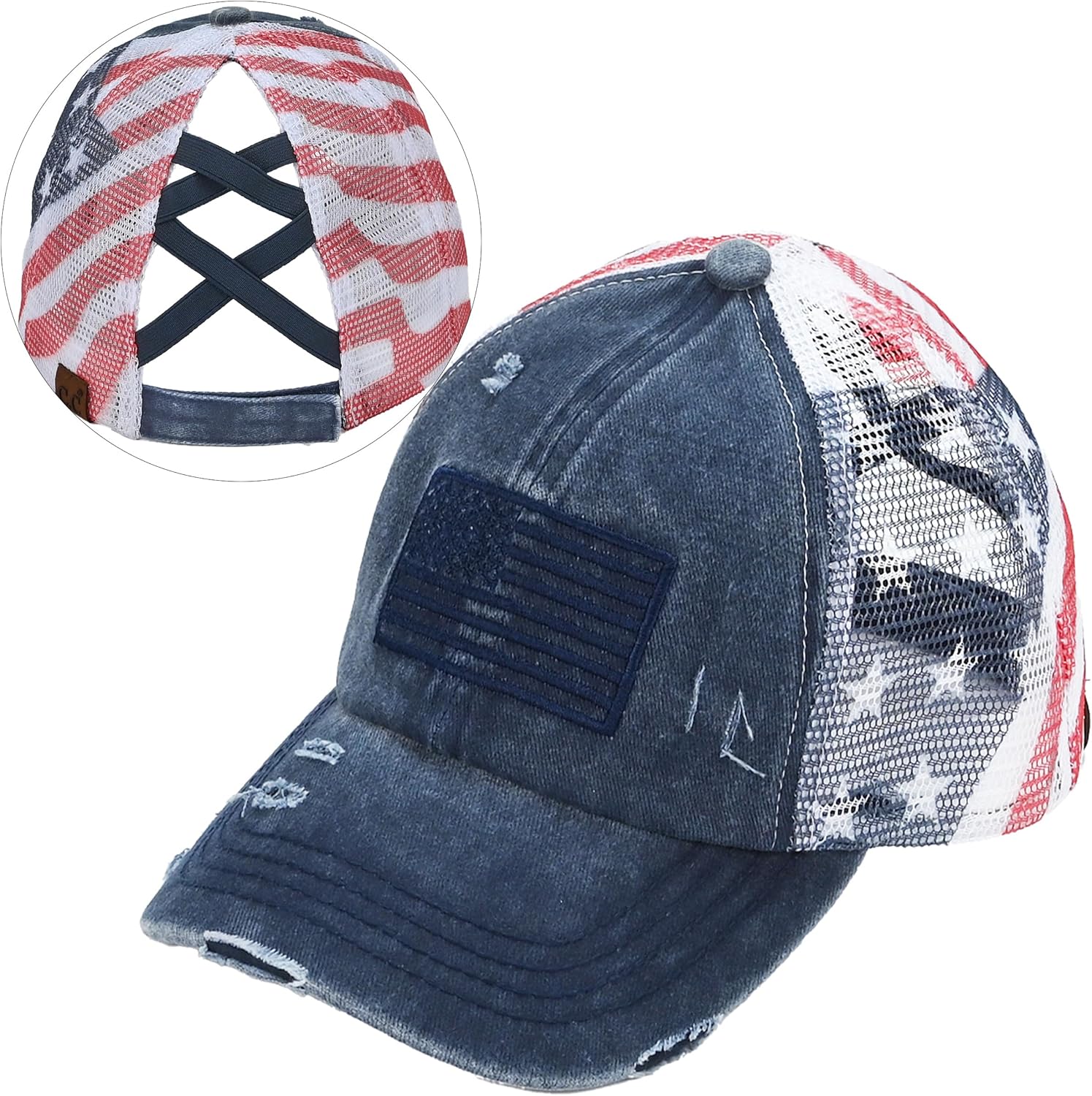 Women's Criss-Cross Ponytail Baseball Cap – Embroidered Cotton Front, American Flag Mesh Back, Adjustable Velcro