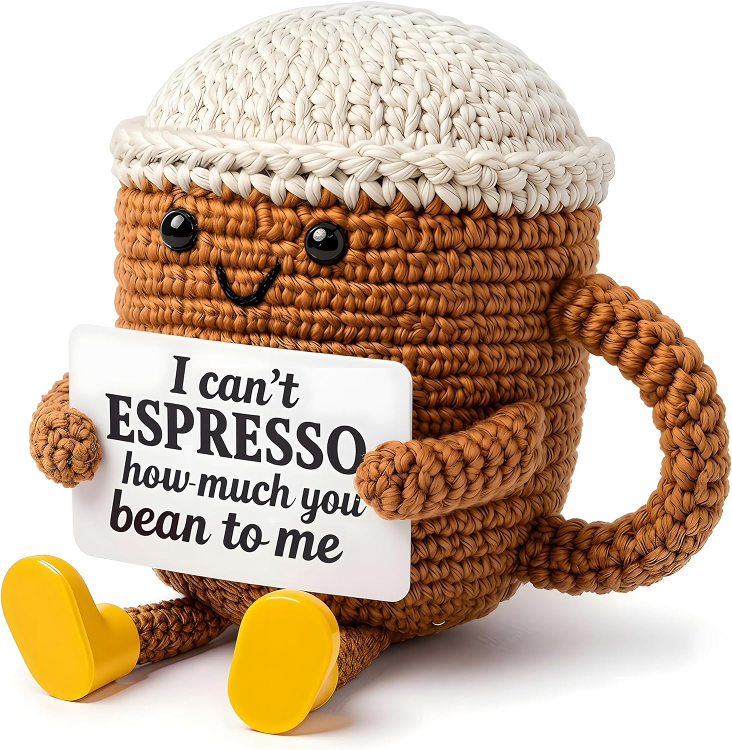 Birthday Gifts for Women,Cute Coffee Mug Desk Decor,Positive Espresso Emotional Crochet Handmade, Funny Happy Christmas Dolls for Women Men Girls Coffee Lover Gifts