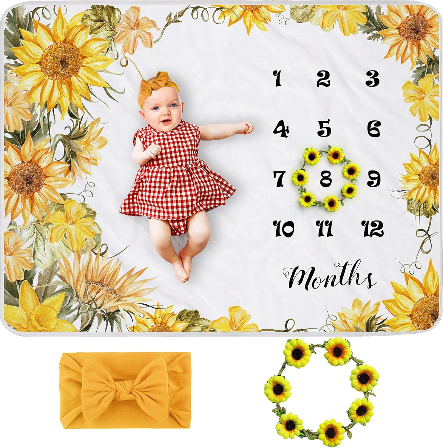 Sunflower Baby Monthly Milestone Blanket Girl, Floral Newborns Month Blanket Gift for Baby Shower, Soft Plush Photo Prop Blanket, Wreath &Headband Included, 45''x40''