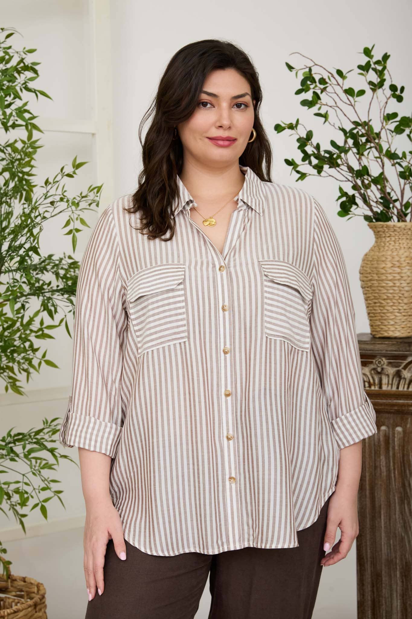 Plus Stripe Collared Button Down Lightweight Shirt