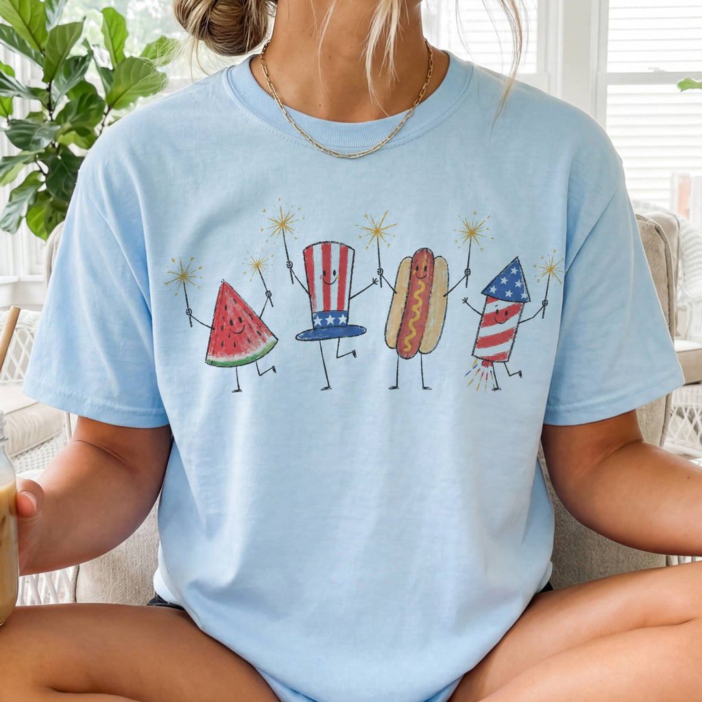 USA Vintage 4th of July Fireworks Hot Dogs Retro Graphic Tee