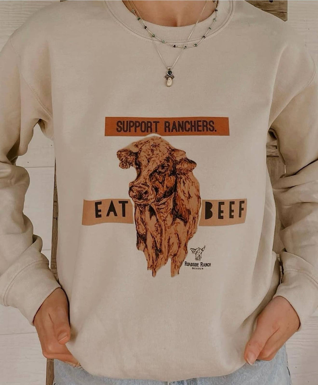 Tan Eat Beef Support Ranchers Crewneck | 50/50 Cotton