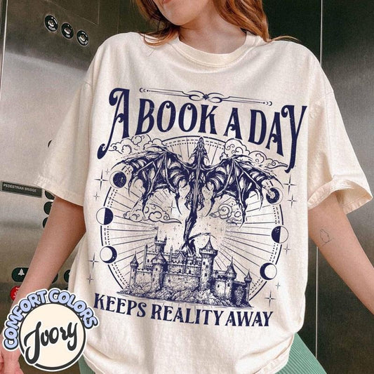A Book a Day Dragon Comfort Colors T-shirt, Bookish Shirt, Book Club Shirt, Fantasy Book Merch, Gift for Reader, Librarian Shirt BWUB5