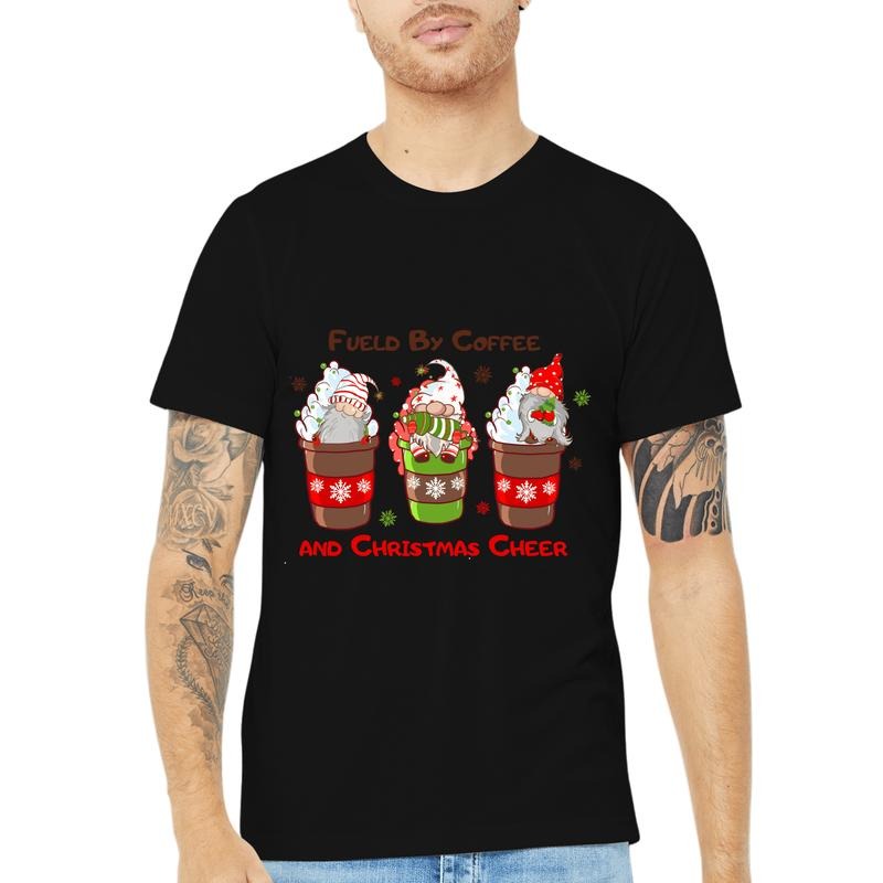 A Christmas-Themed T-Shirt with 'Fueled By Coffee And Christmas Cheer' Slogan" made in usa